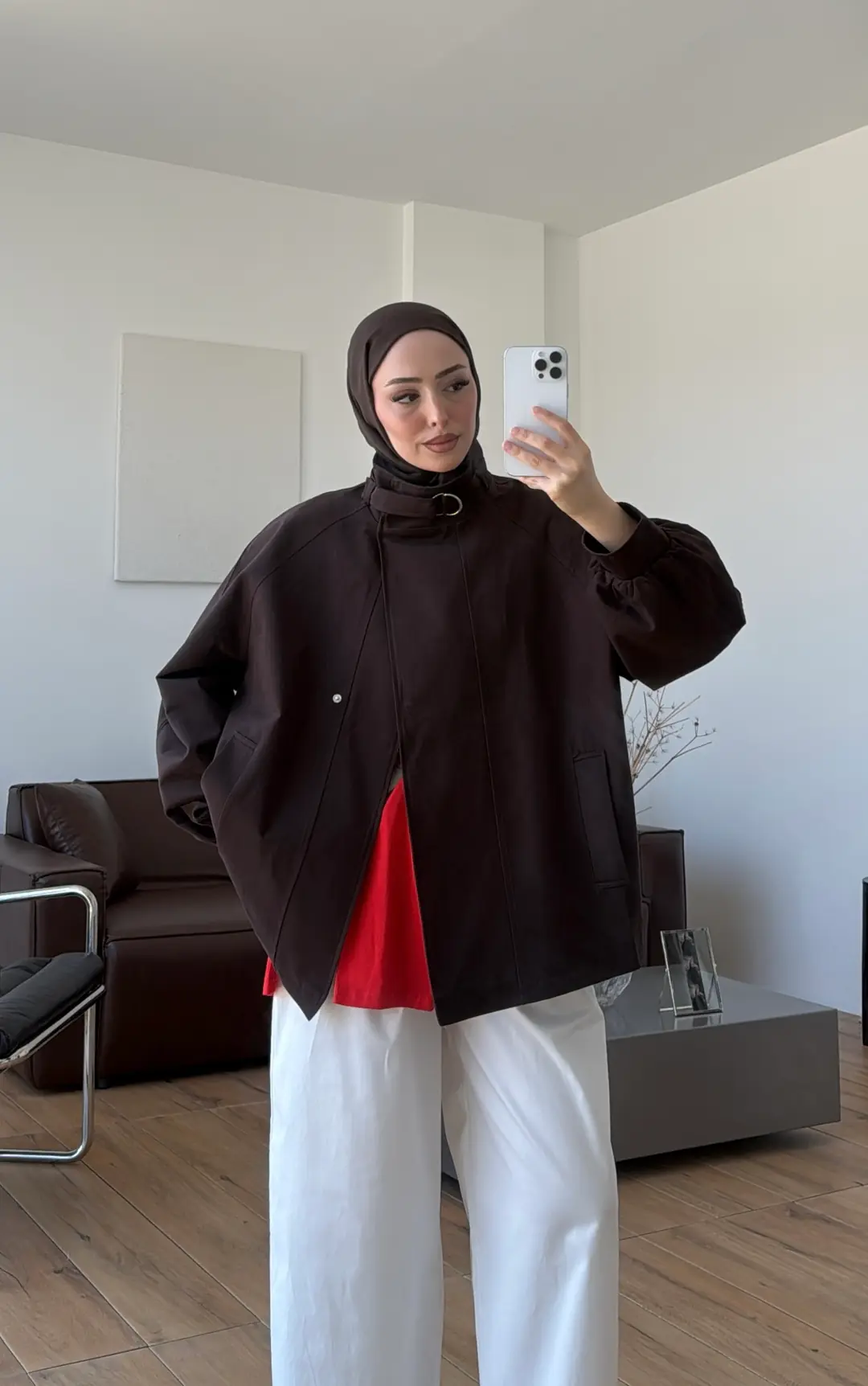 Kuşaklı Dik Yaka Ceket Kahve