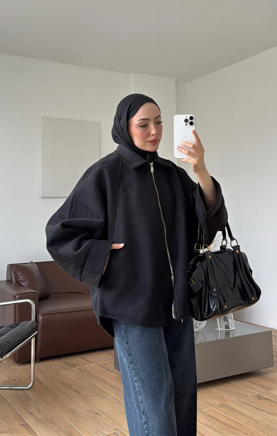 Reglan Kol Fermuarlı Kaban Siyah