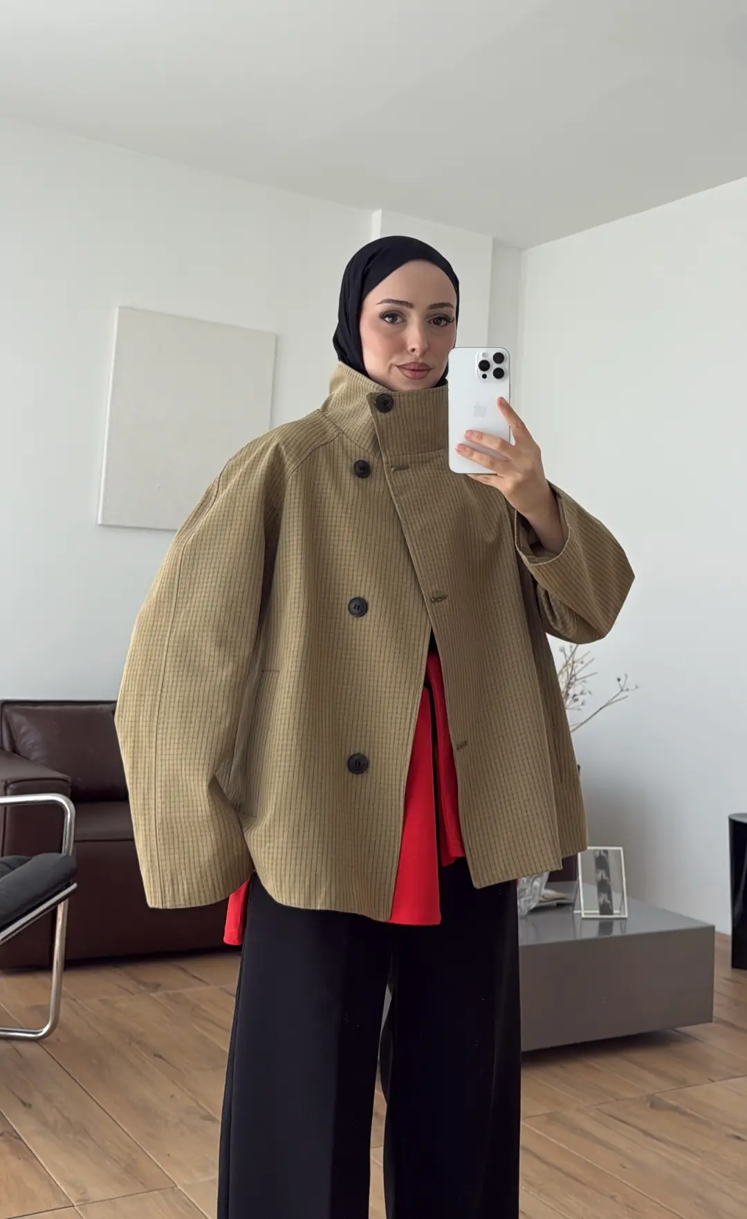 Ekose Düğme Detay Trenc Hardal
