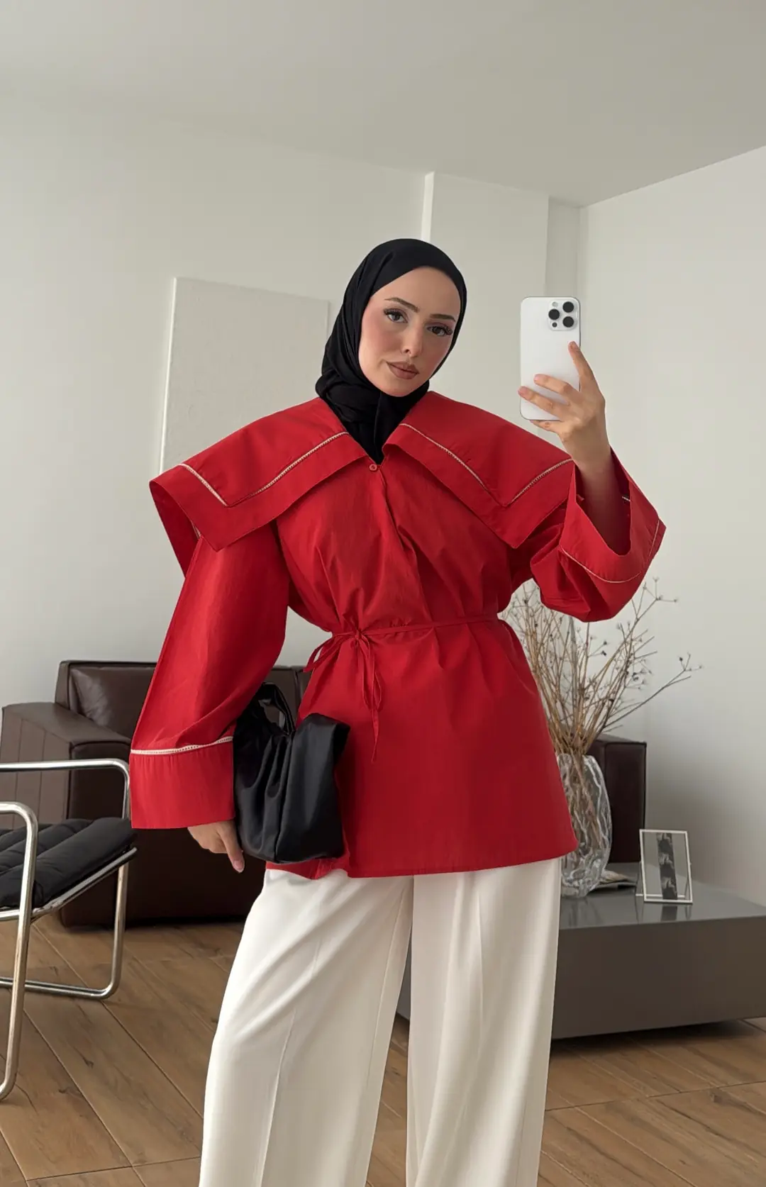 Biye Bağcıklı Dantelli Tunik Kırmızı