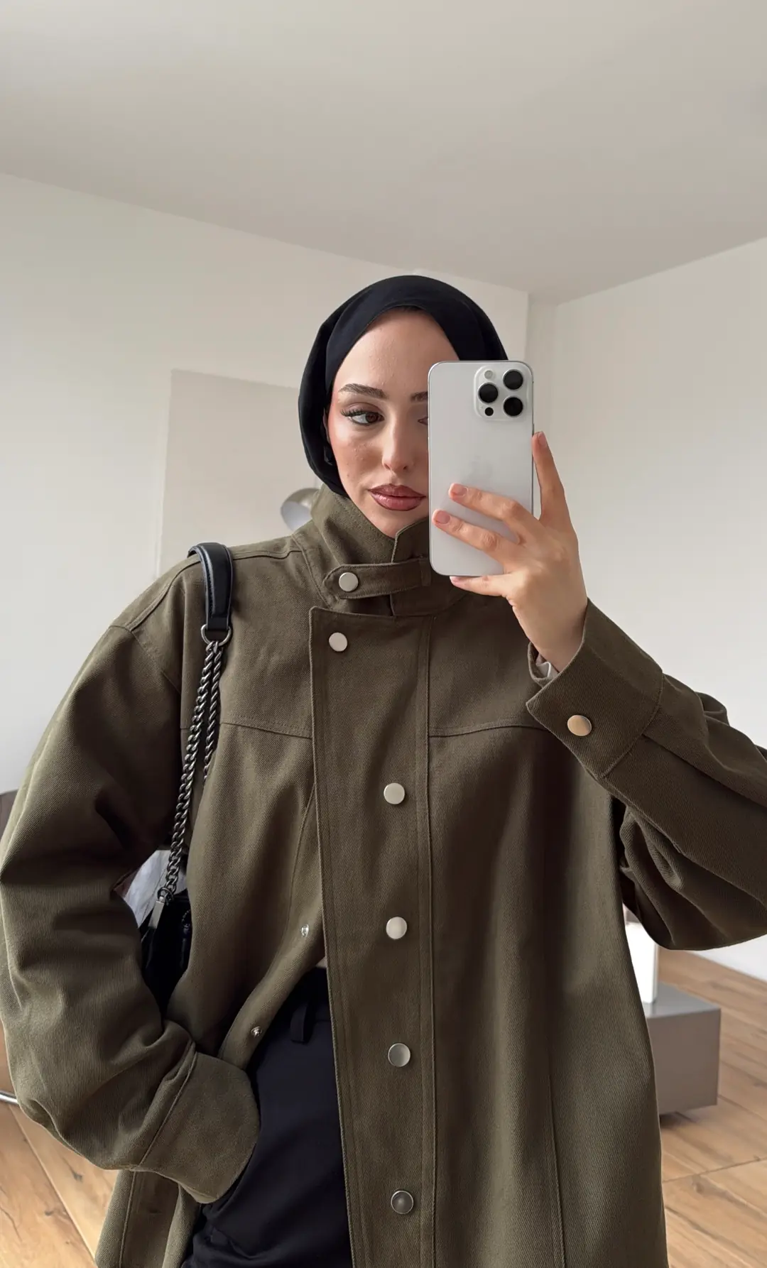 Dik Yaka Çıtçıtlı Gabardin Ceket Haki