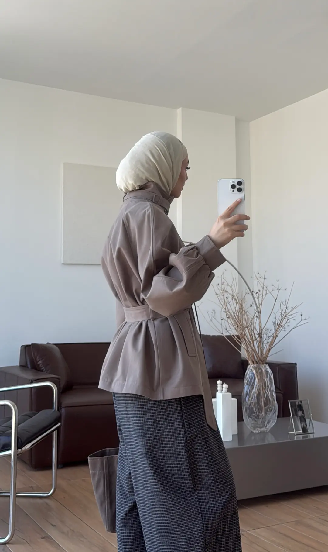 Kuşaklı Dik Yaka Ceket Vizon
