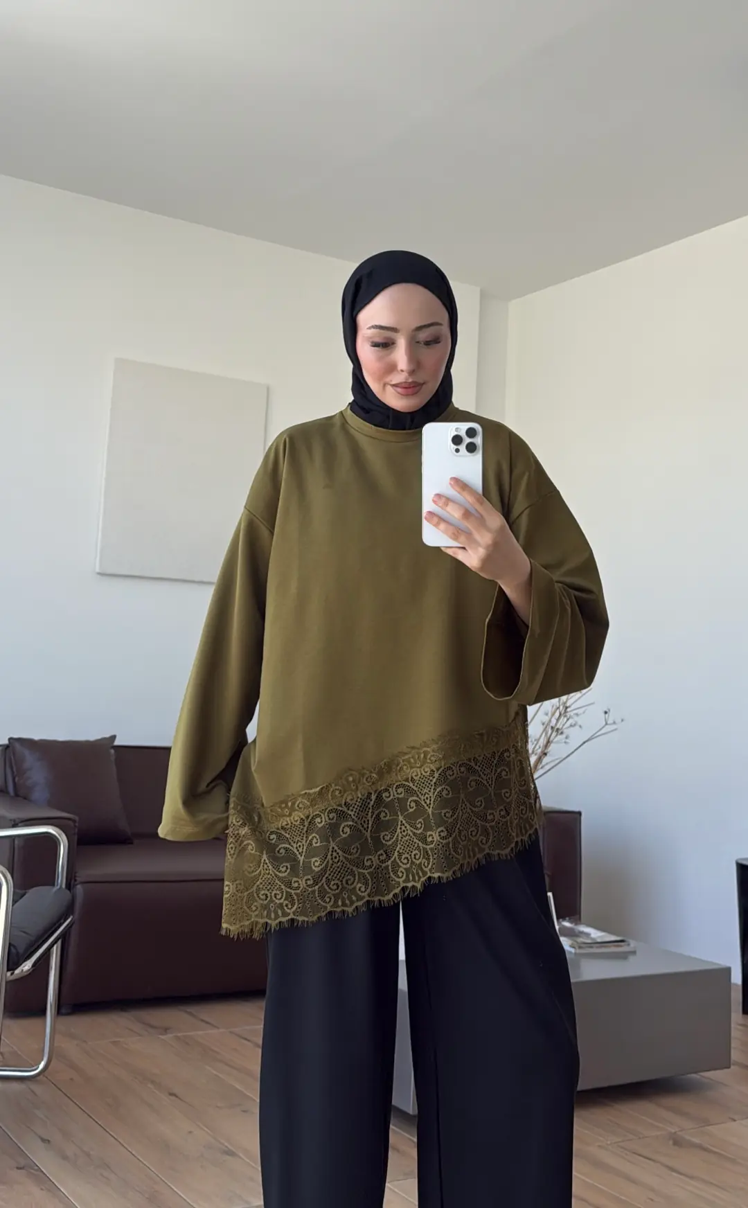 Eteği Dantel Detay Sweat Olive