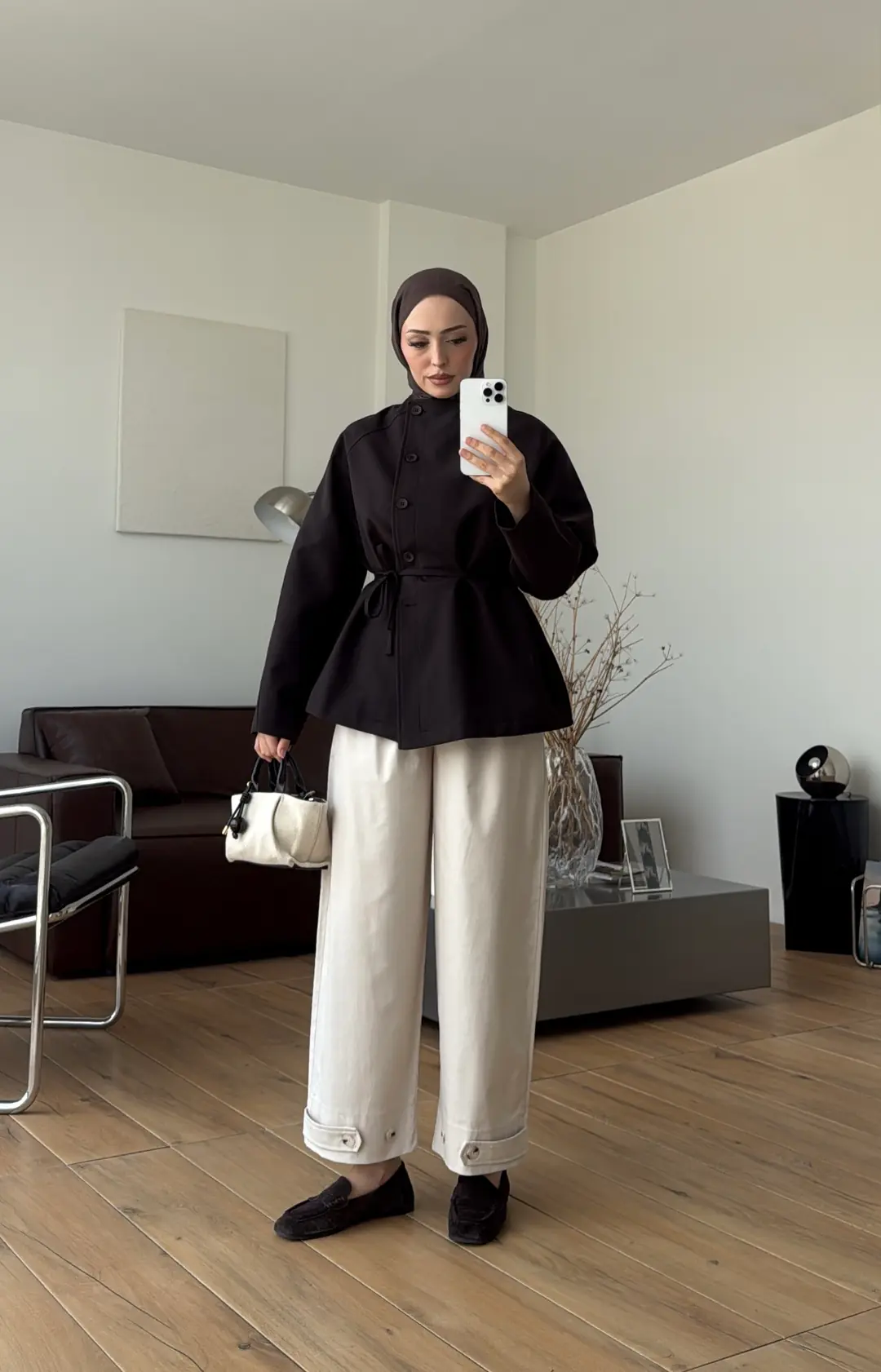 Bağcıklı Dik Yaka Ceket Kahve