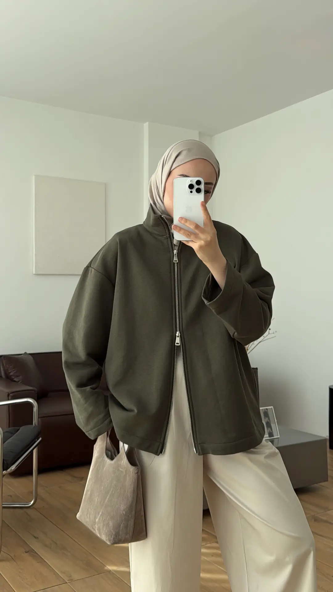 Çift Fermuarlı Sweat Haki