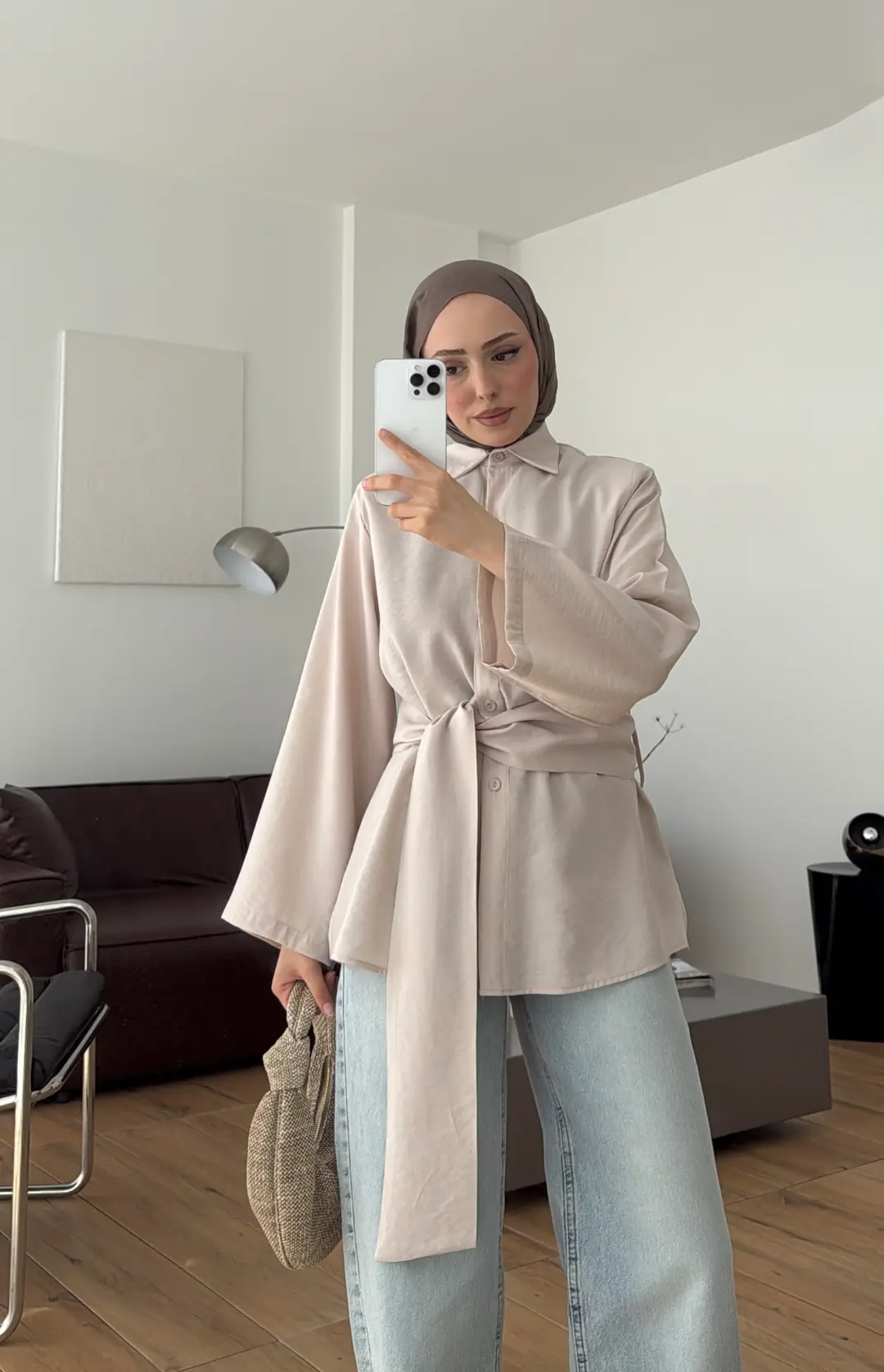 Kalın Kemerli Modal Gömlek Bej