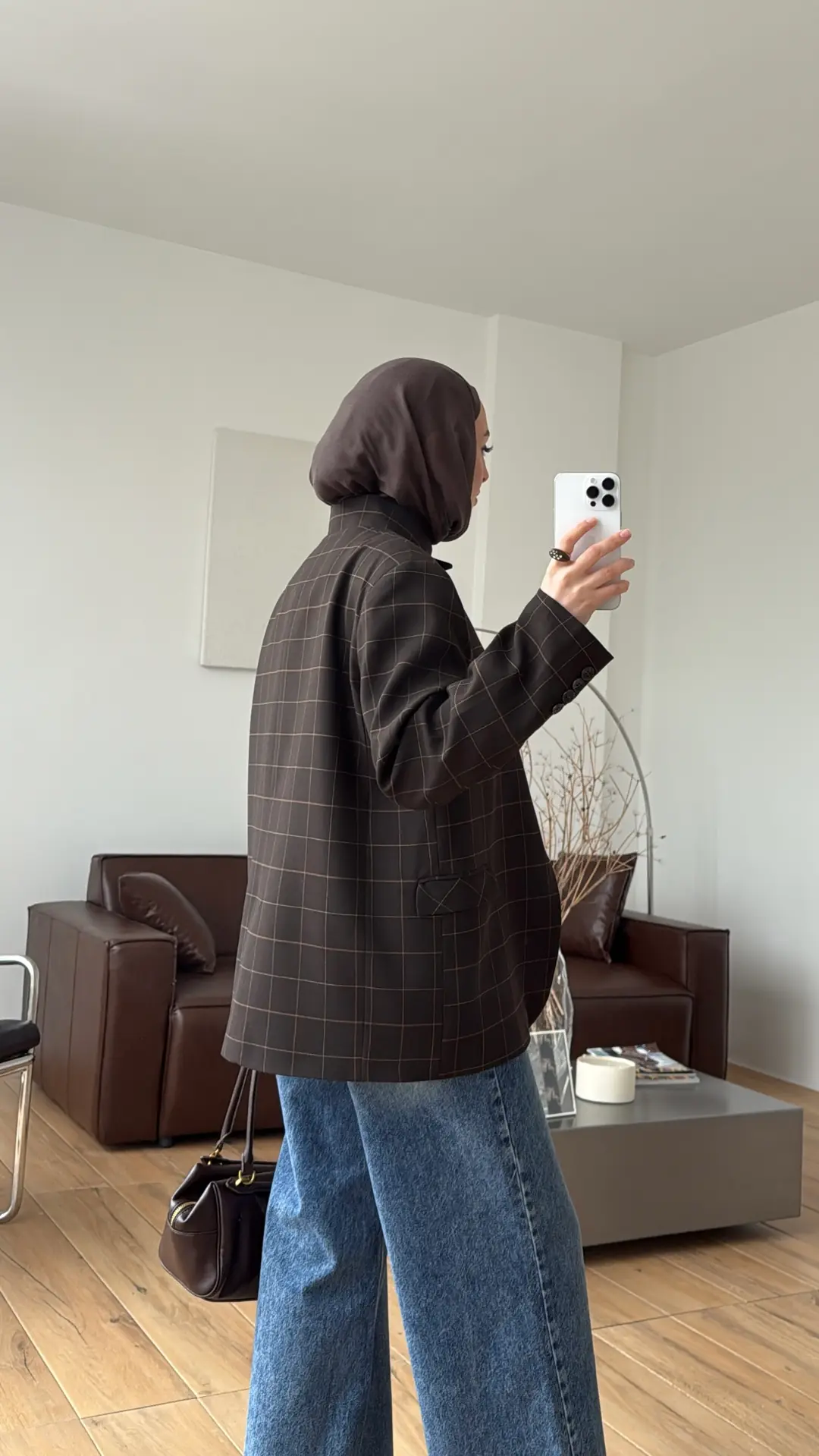 Dik Yakalı Ekose Blazer Ceket Kahve