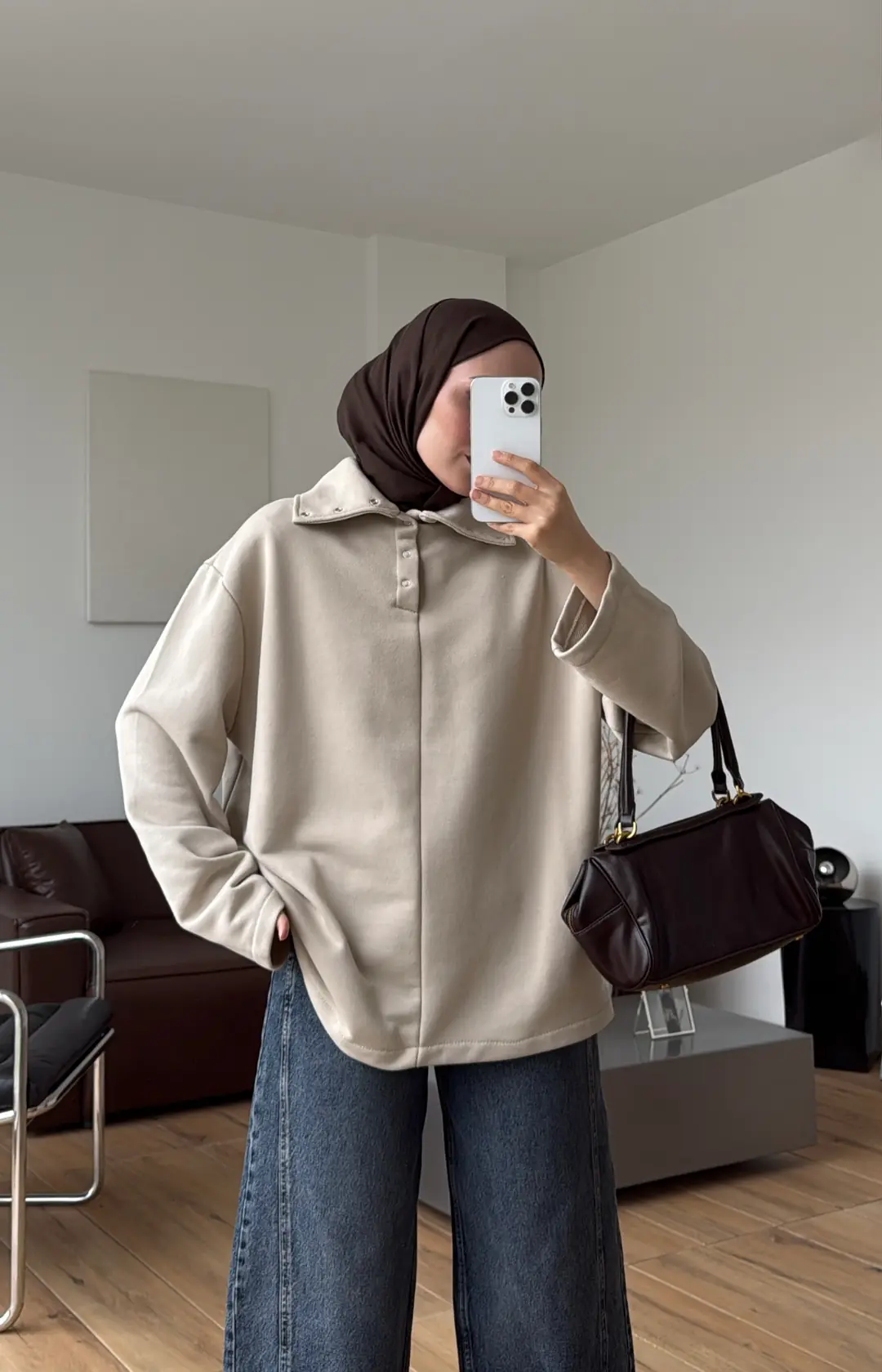 Yakalı Çıtçıt Detay Sweat Bej
