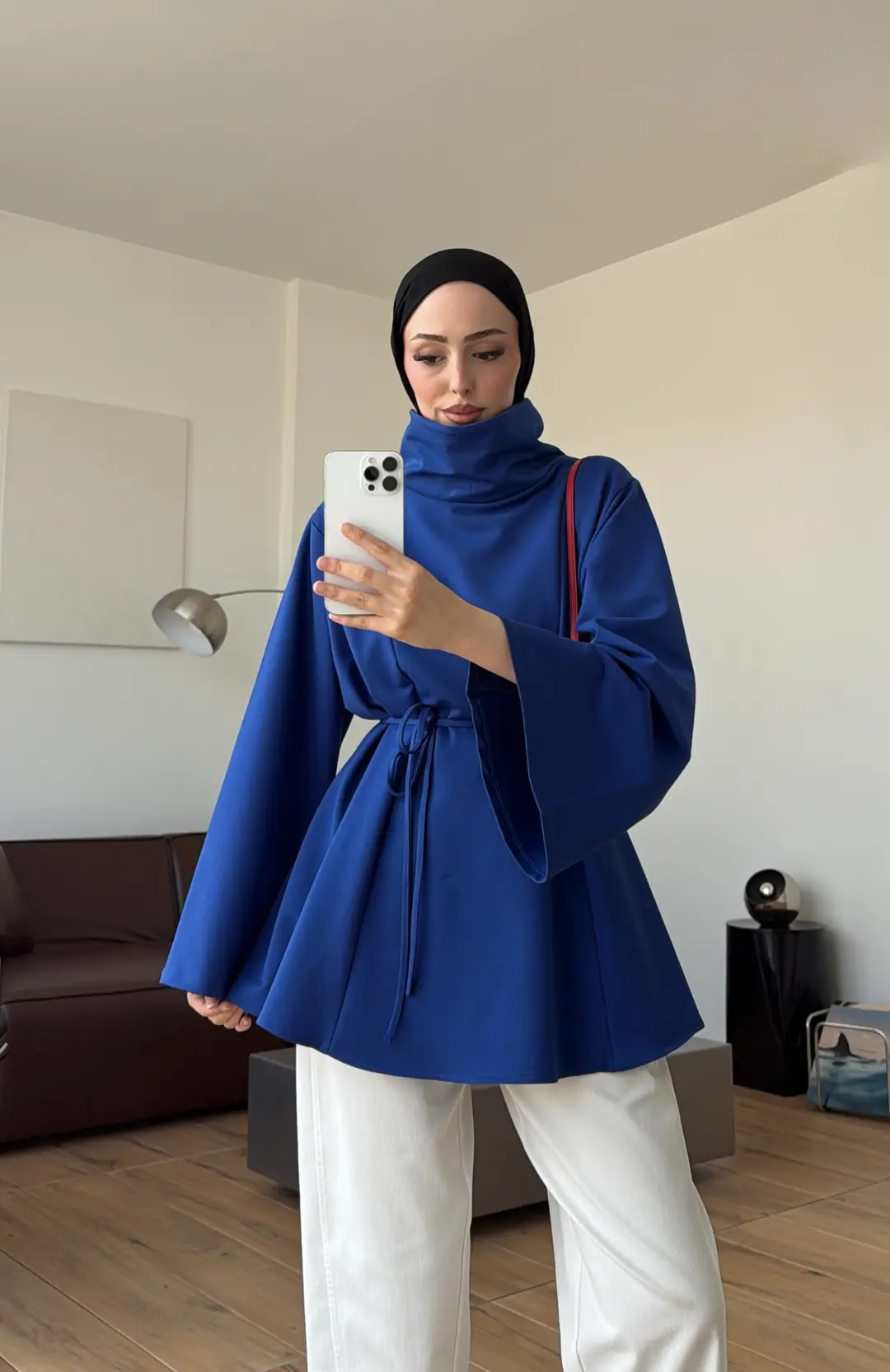Bel Bağlamalı Dik Yaka Tunik Saks