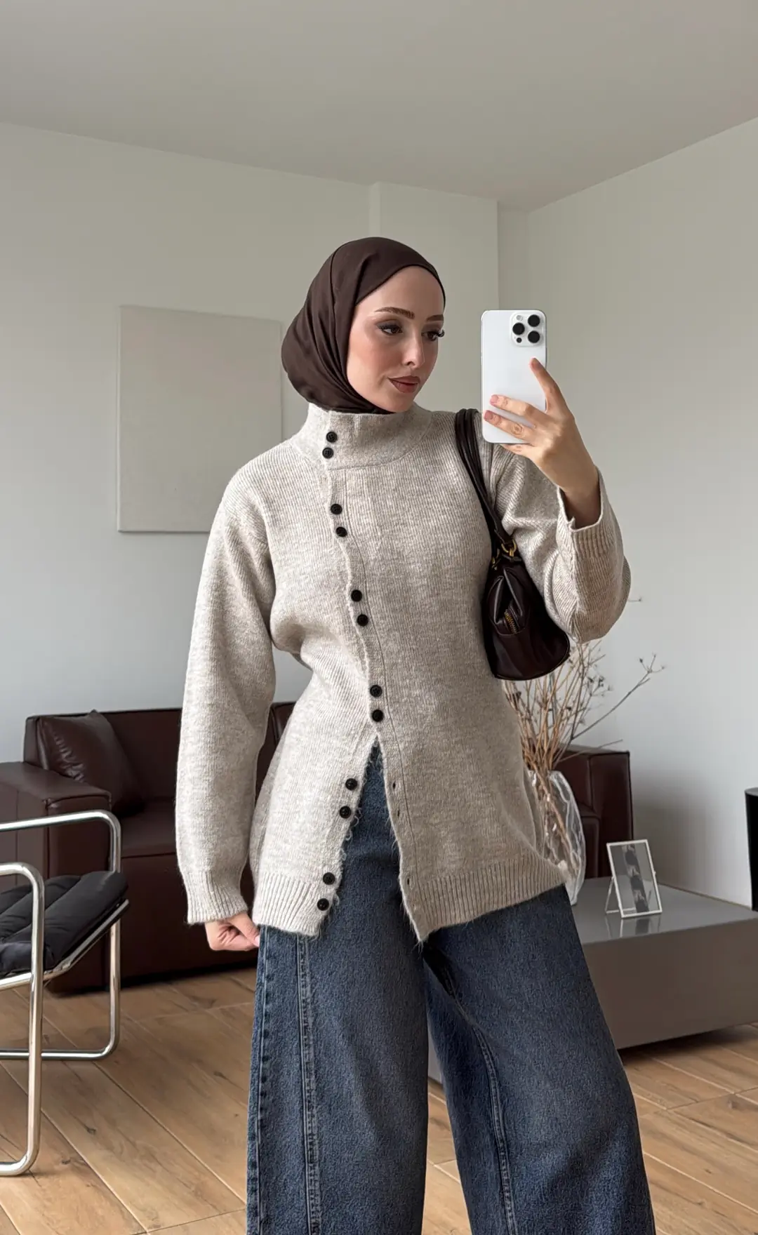 Yan Düğmeli Triko Hırka Vizon