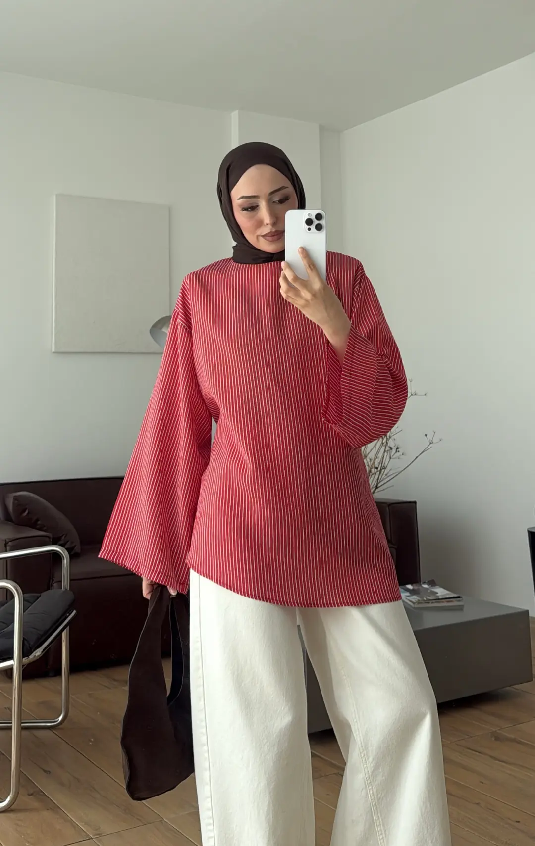 Çizgili Arkadan Bagcıklı Tunik Kırmızı