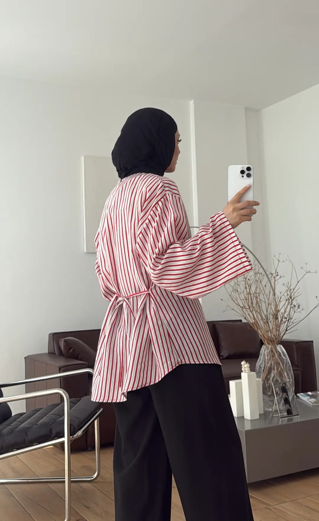 Çizgili Arkadan Bagcıklı Tunik Beyaz
