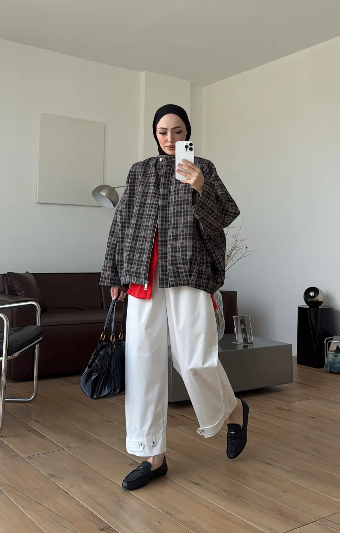 Ekose Pile Detay Bomber Ceket Koyu Haki