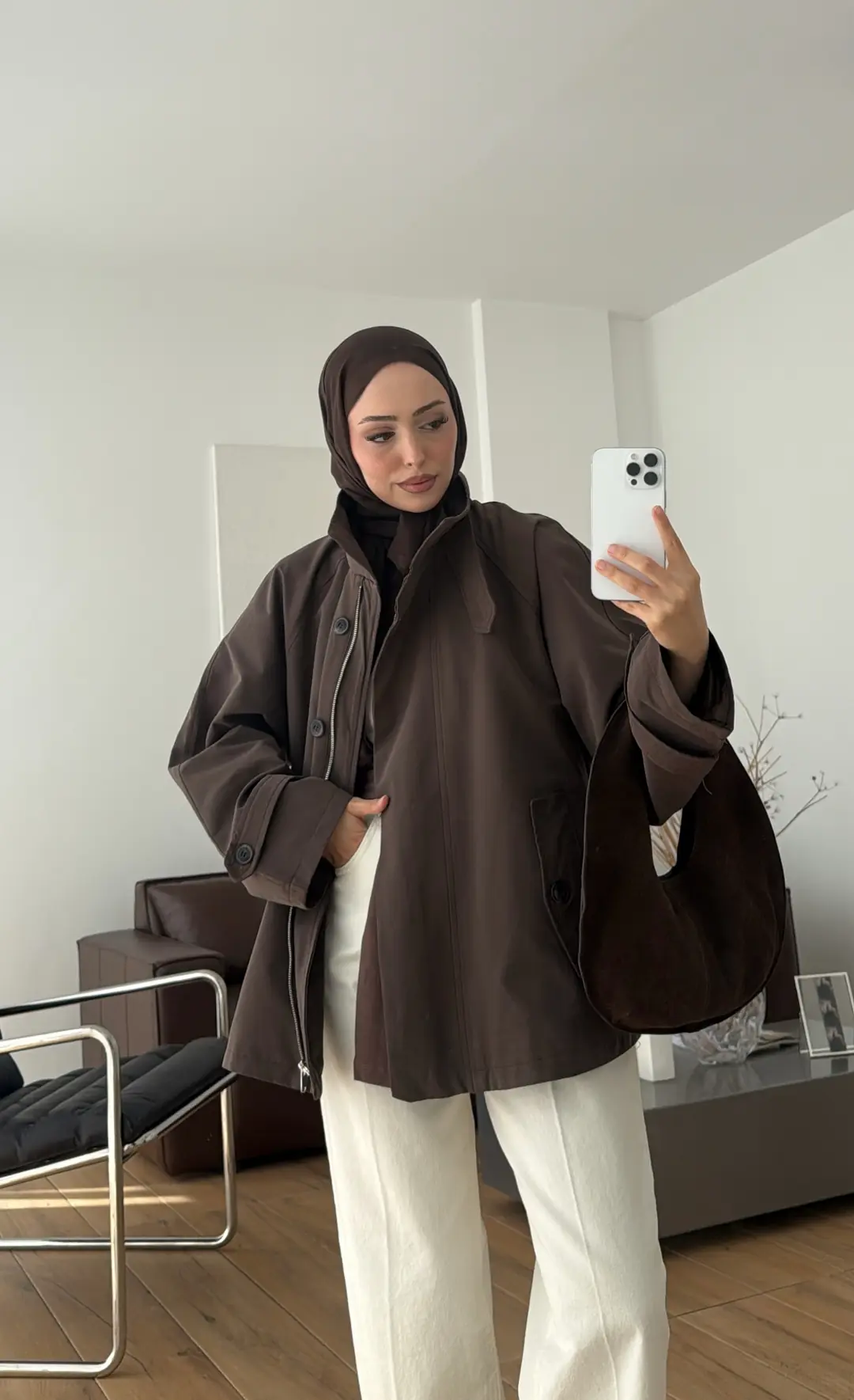 Minimal Yakalı Trençkot Kahve