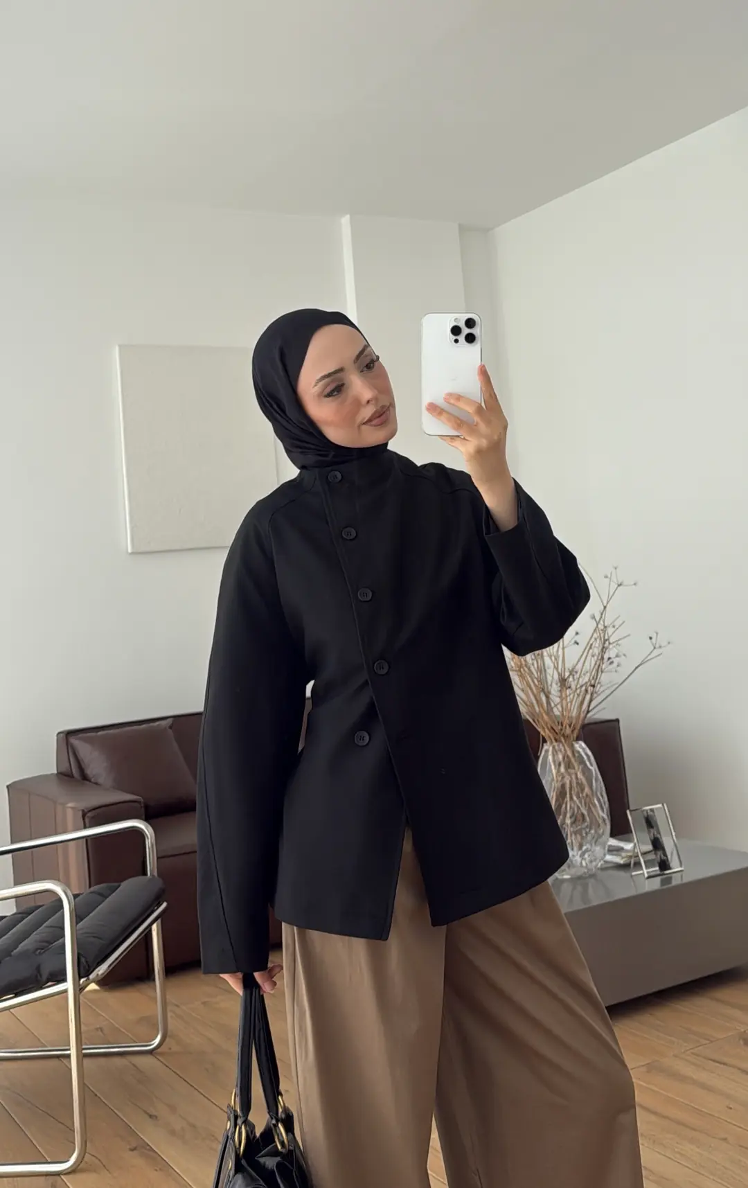 Bağcıklı Dik Yaka Ceket Siyah