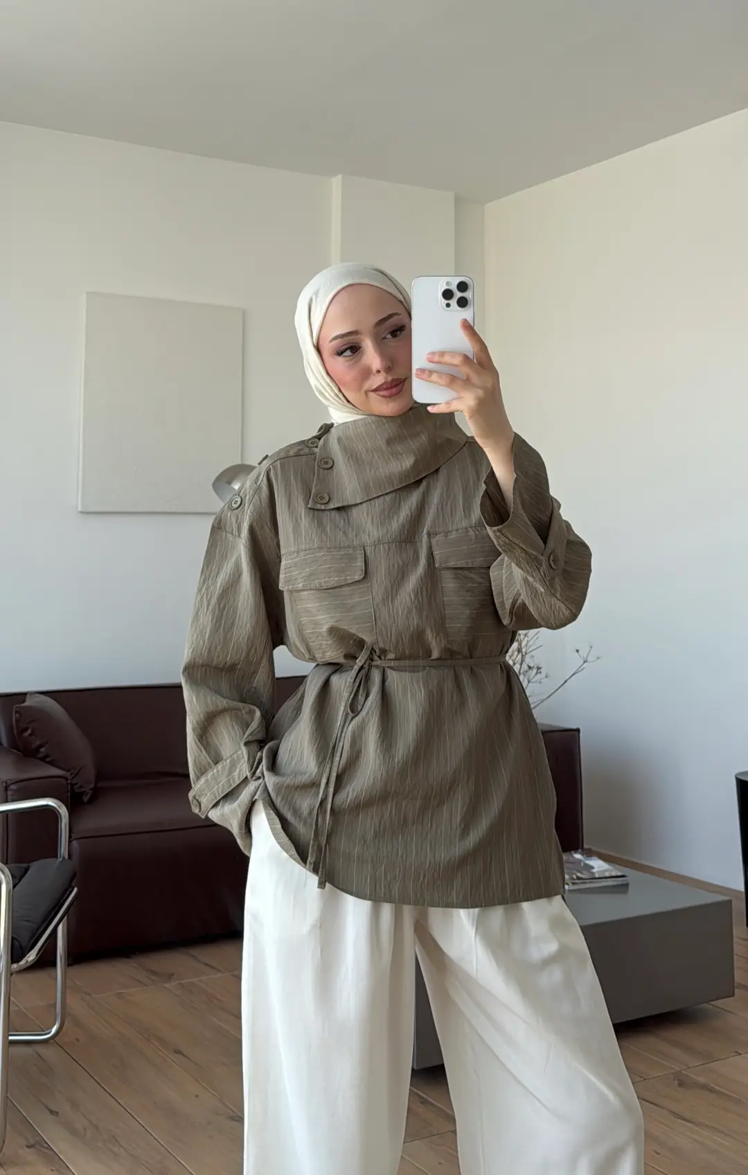 Yakası Düğme Detaylı Çizgili Gömlek Y.Yeşil