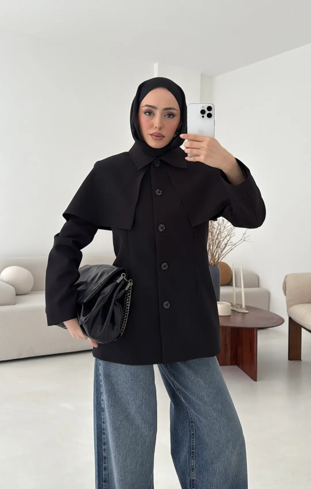 Pelerin Detay Fit Ceket Siyah