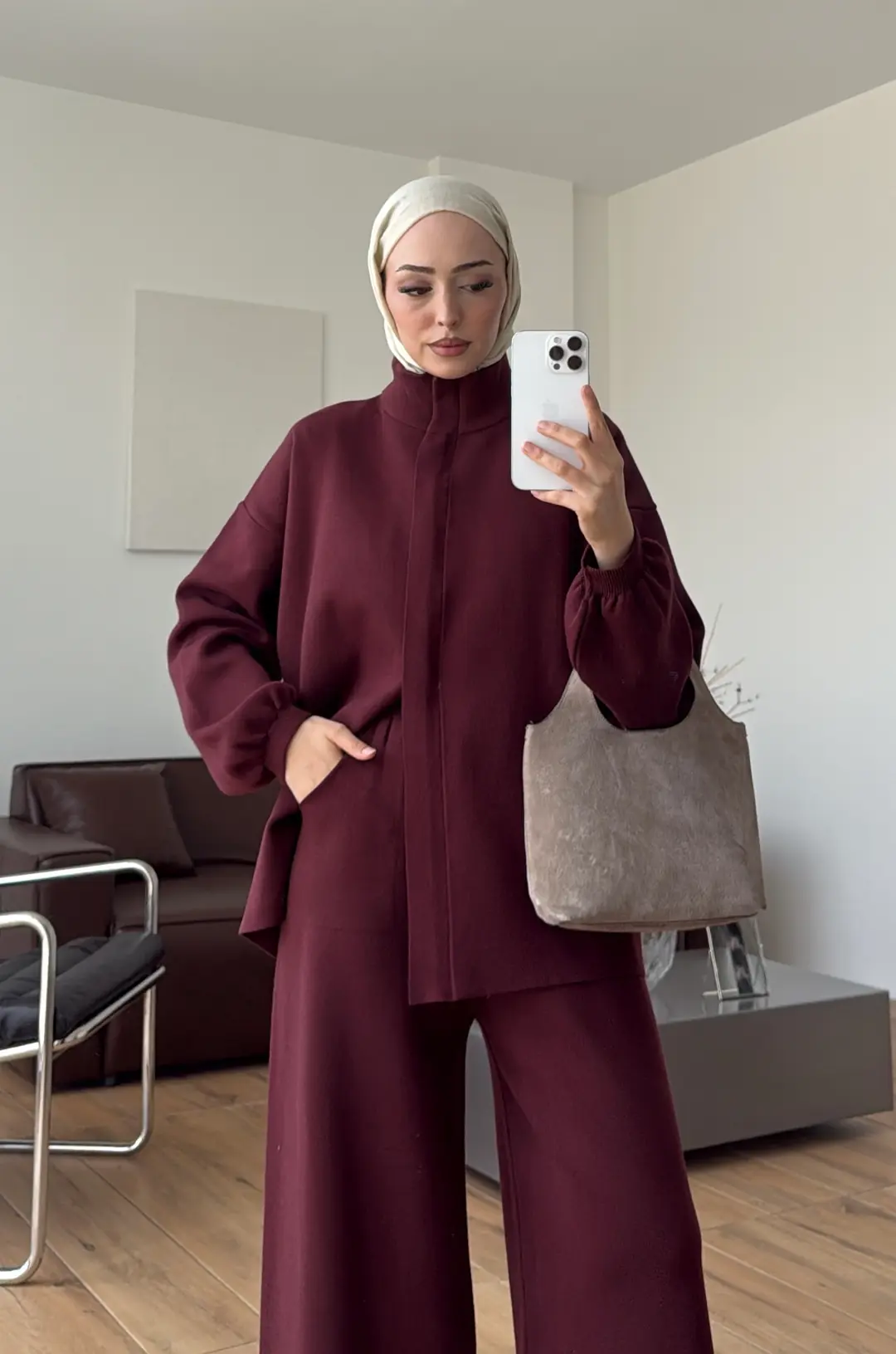 Çift Fermuarlı Tok Kumaş Triko Takım Bordo