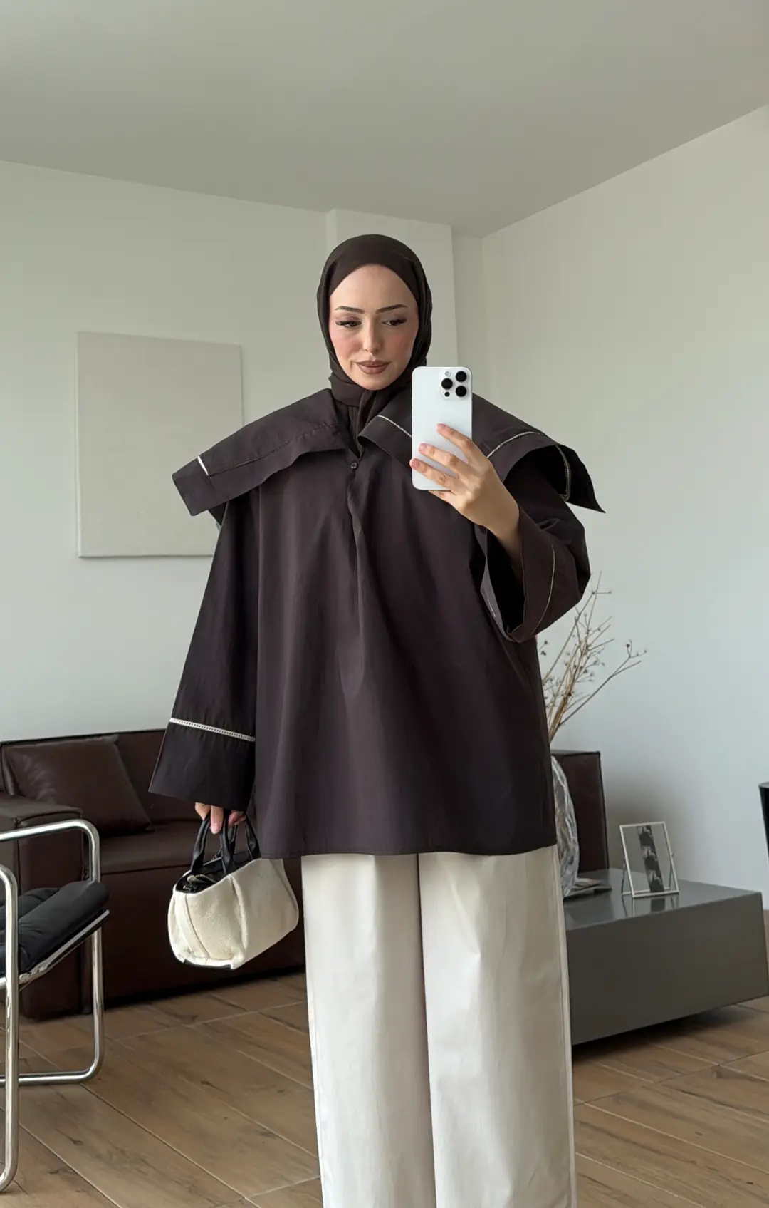 Biye Bağcıklı Dantelli Tunik Kahve