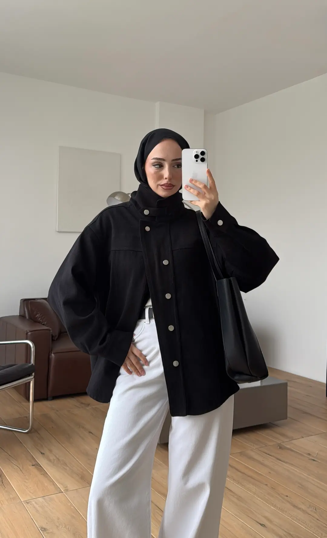 Dik Yaka Çıtçıtlı Gabardin Ceket Siyah