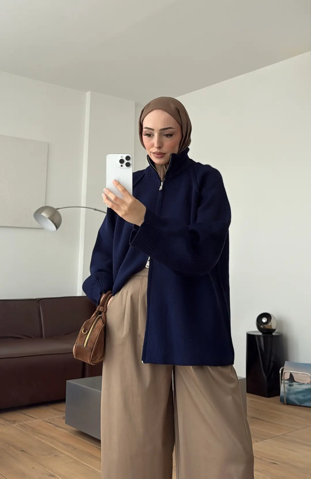 Çift Fermuarlı Triko Hırka Lacivert