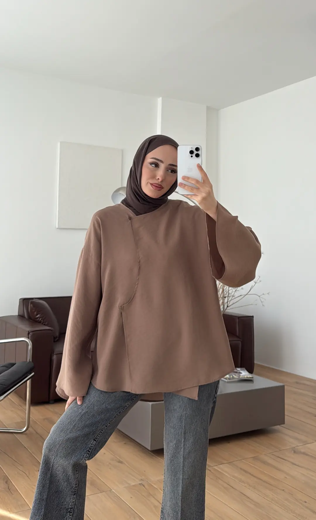 Asimetrik Kesim Bluz Sütlü Kahve