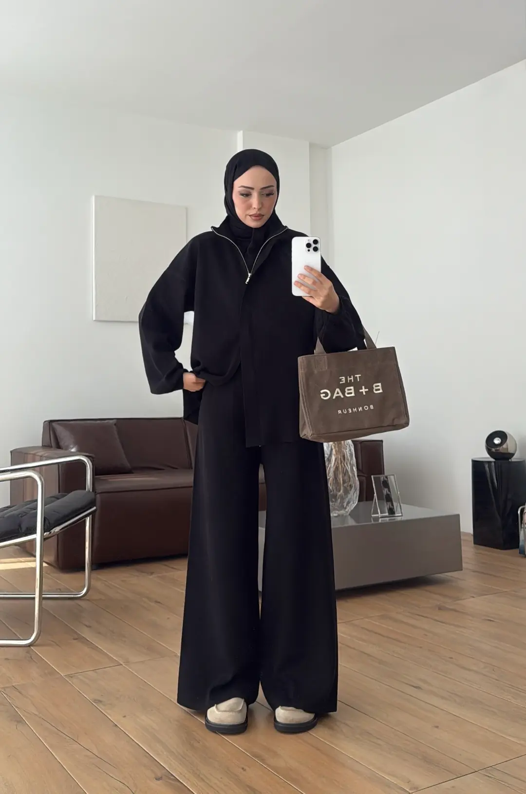 Çift Fermuarlı Tok Kumaş Triko Takım Siyah
