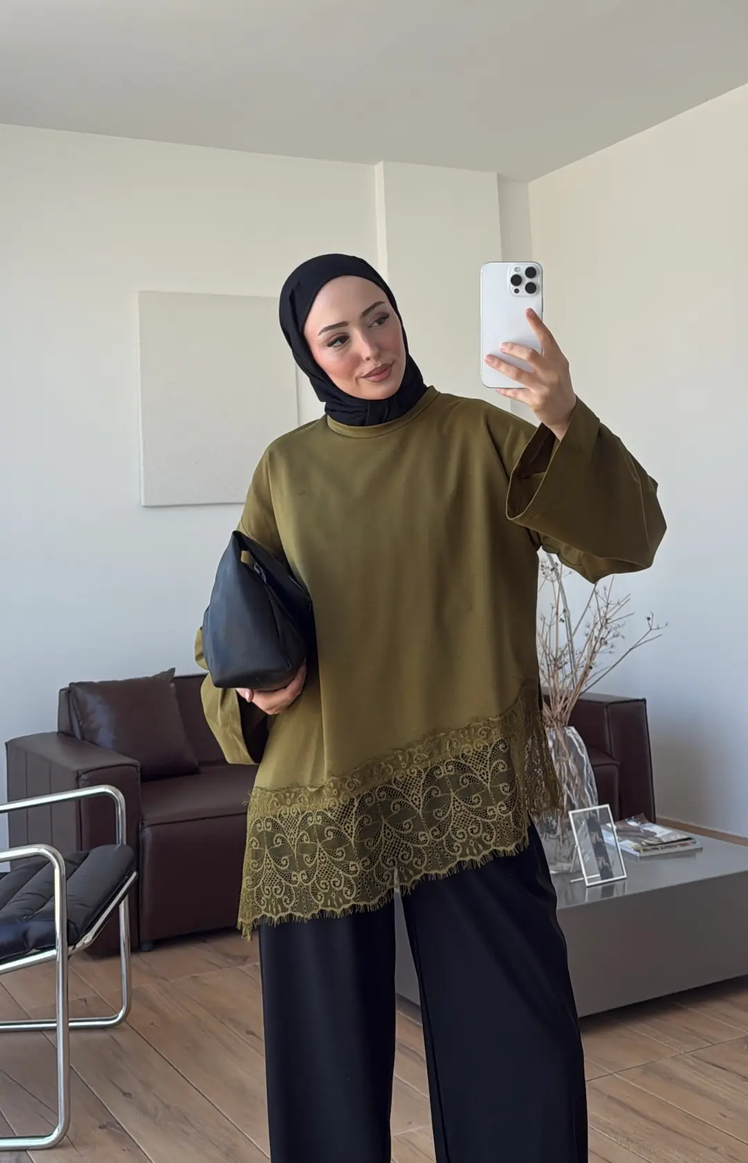 Eteği Dantel Detay Sweat Olive