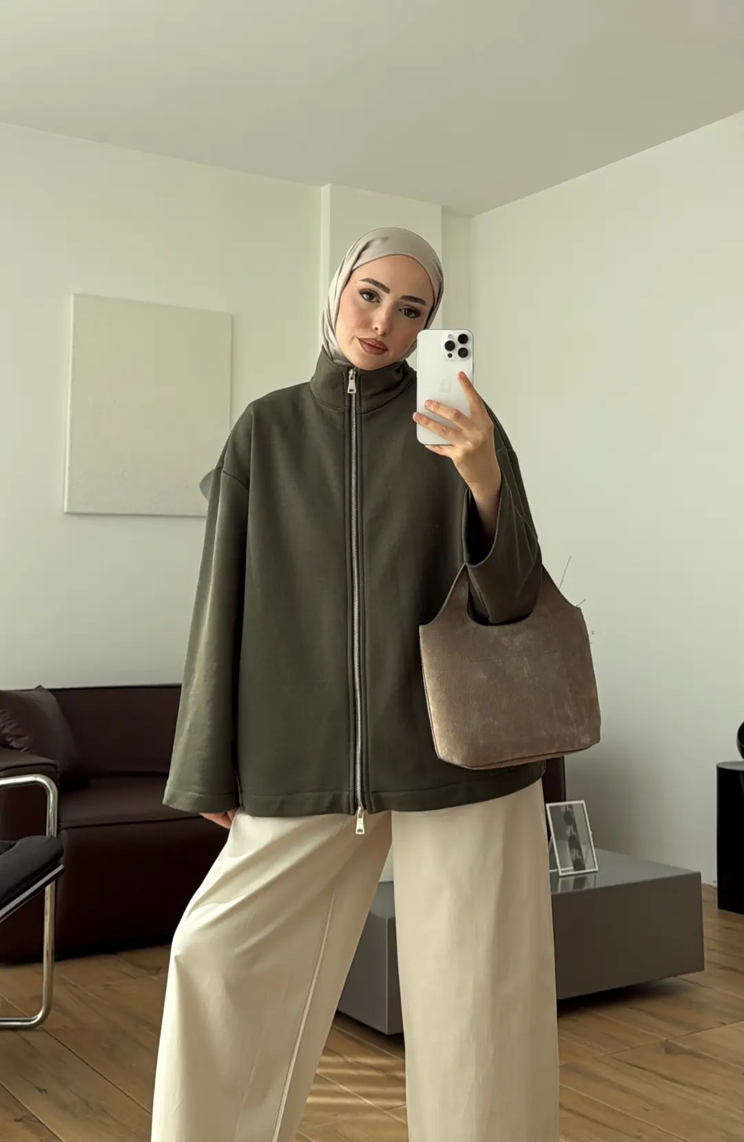 Çift Fermuarlı Sweat Haki