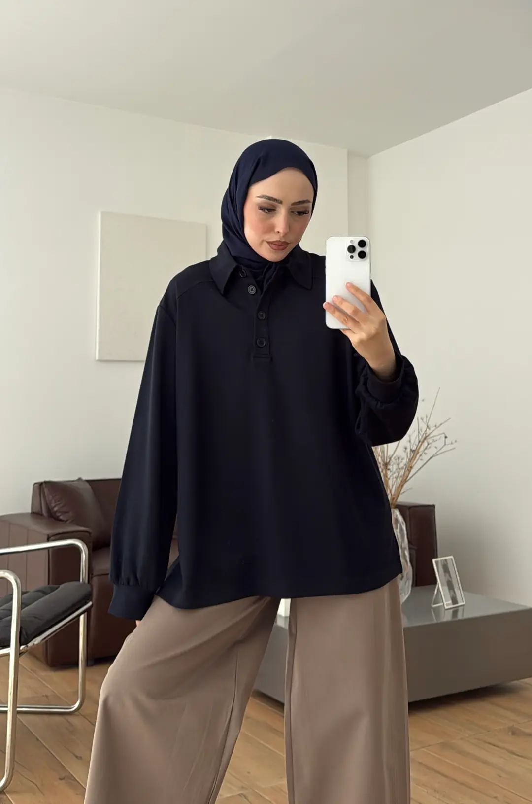 Vatkalı Polo Yaka Bluz Lacivert