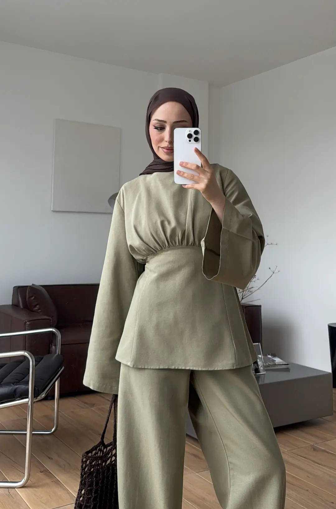 Bluzlu Pera Keten Takım Çağla Yeşili