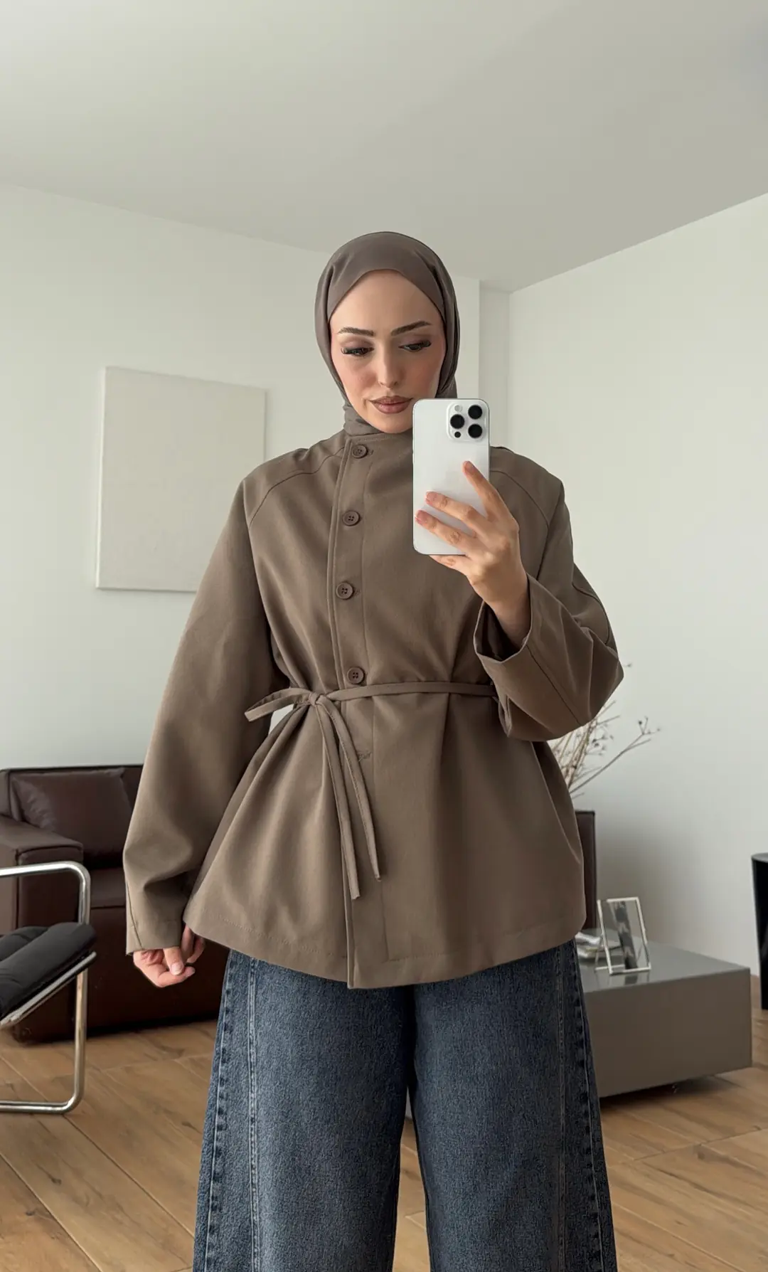 Bağcıklı Dik Yaka Ceket Vizon
