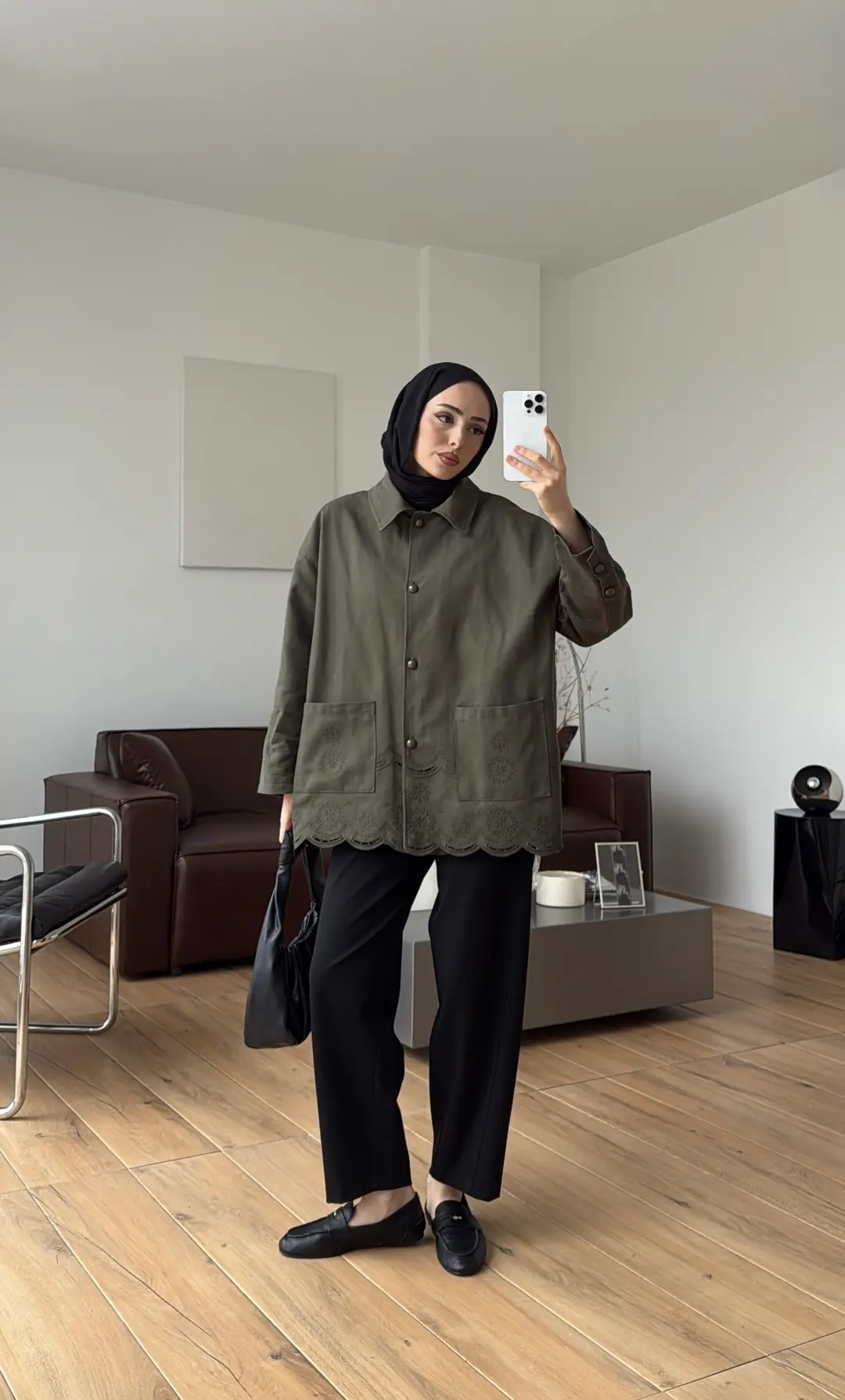 Nakışlı Cepli Gabardin Ceket Haki