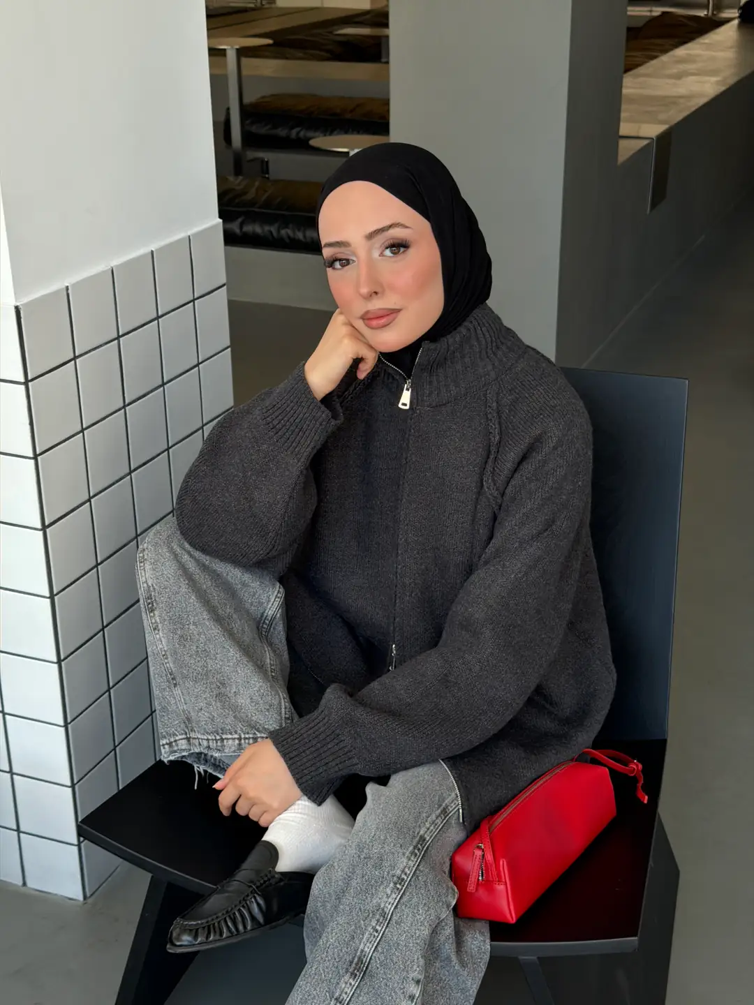 Çift Fermuarlı Triko Hırka Antrasit