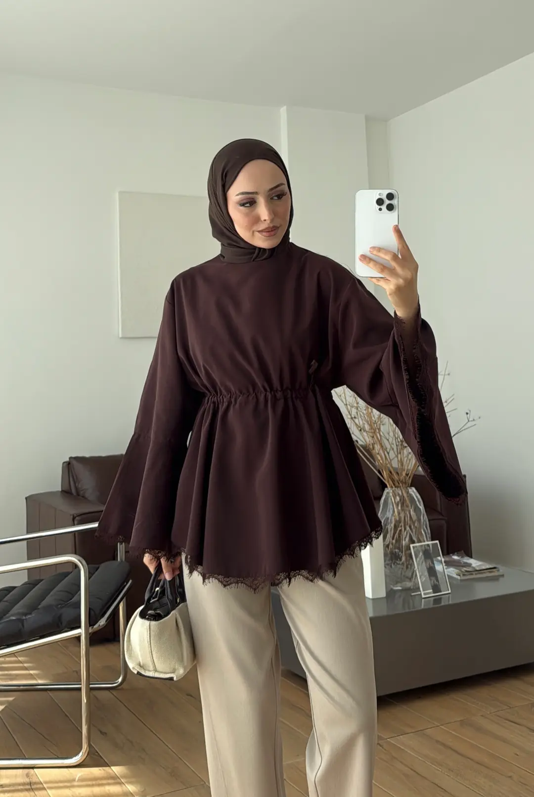 Lace Bel Detay Tunik Kahve