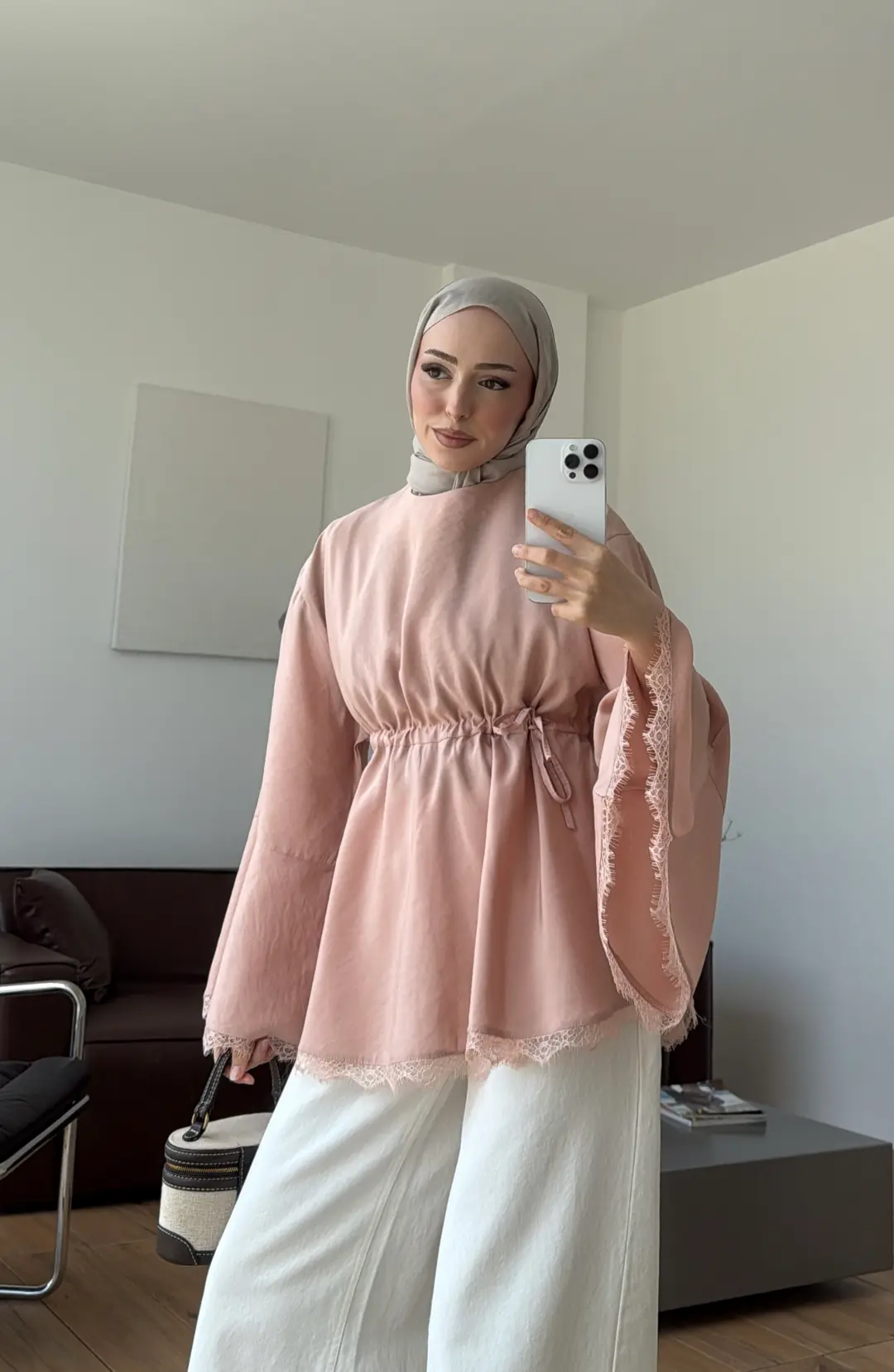 Lace Bel Detay Tunik Pudra