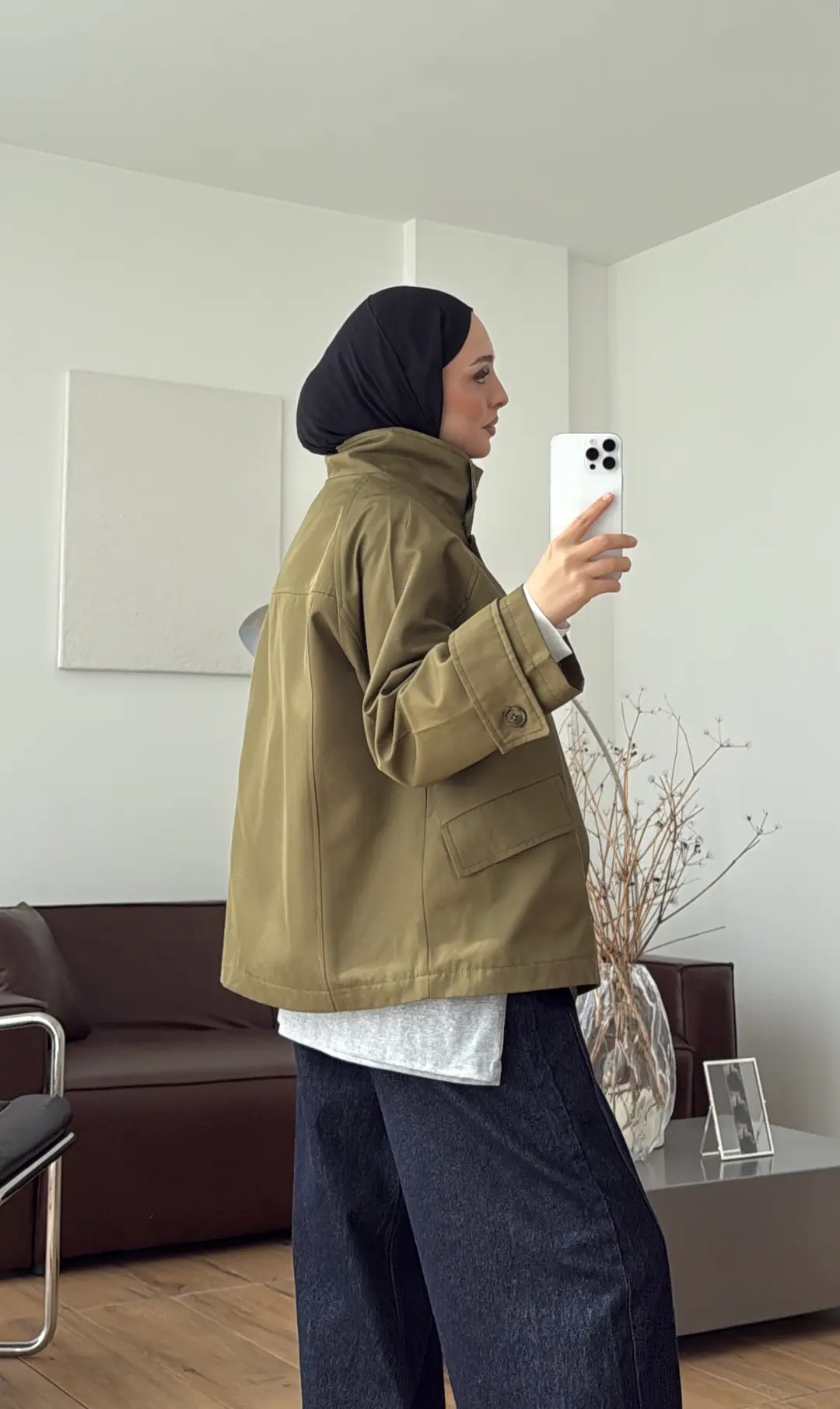 Geniş Yakalı Parka Yağ Yeşili 