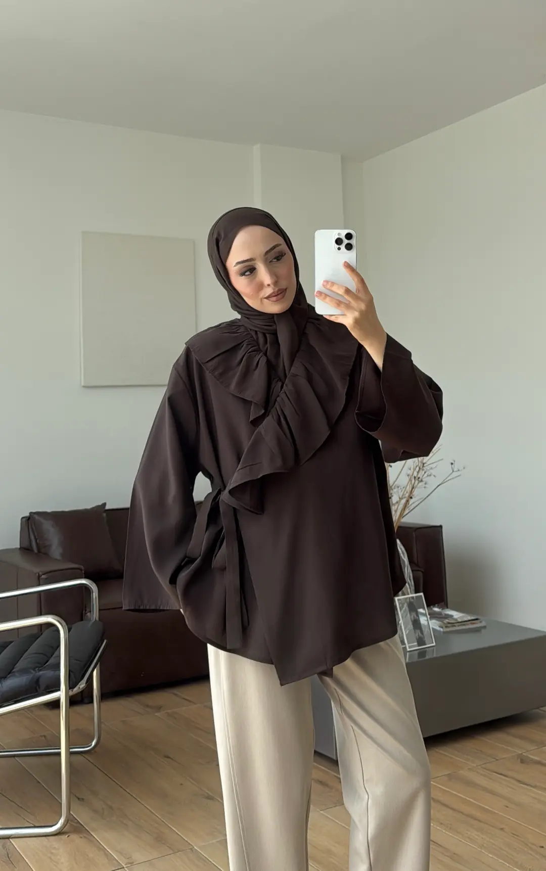 Fırfırlı ModaL Bluz Kahve