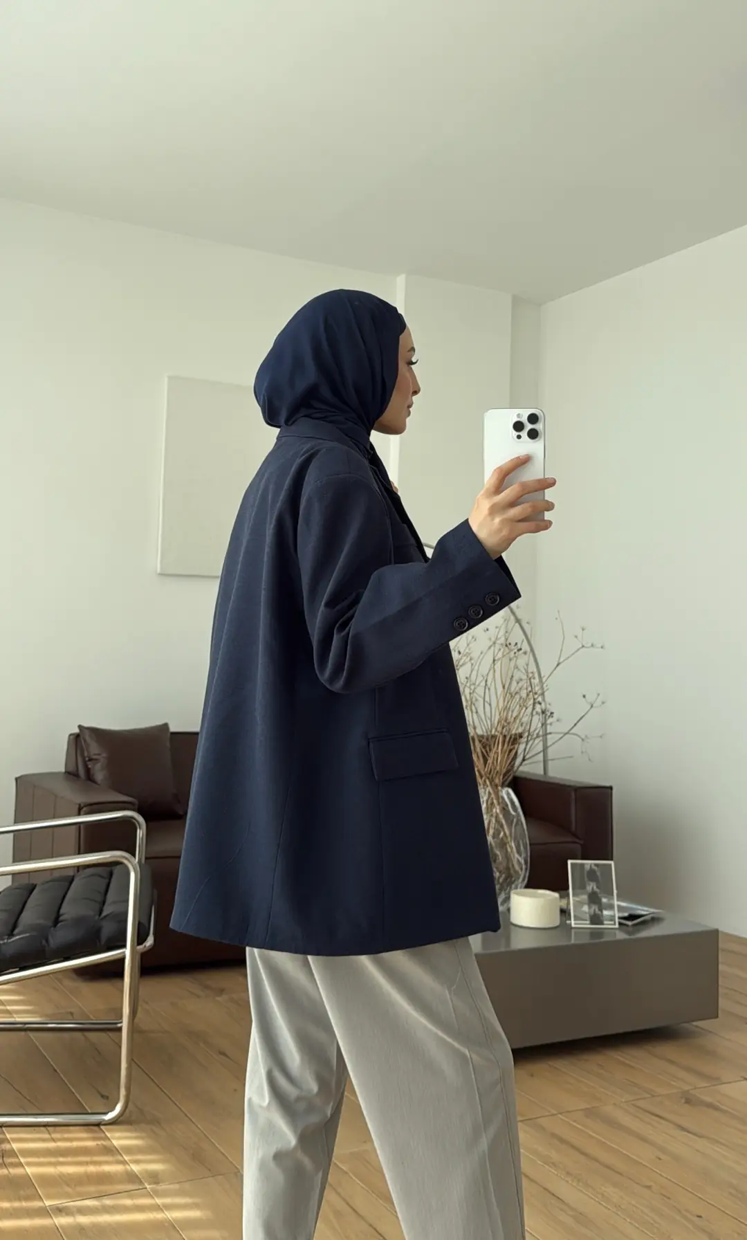 Oversize Keten Ceket Lacivert 