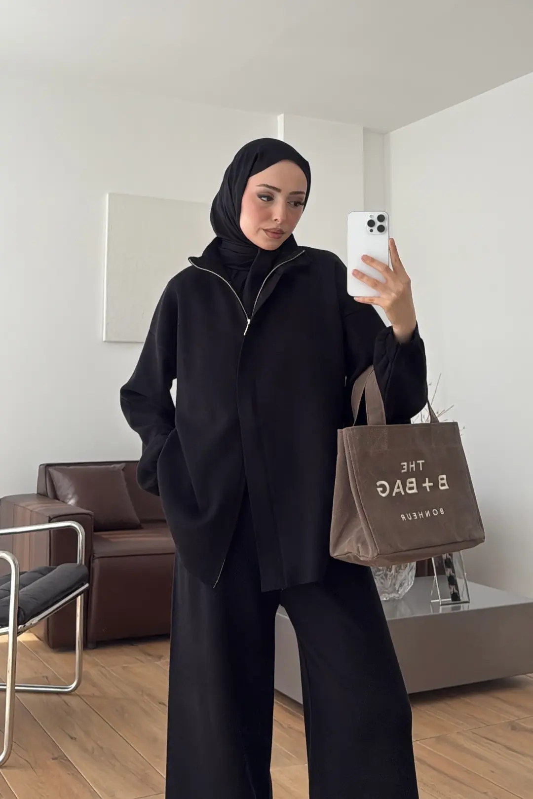 Çift Fermuarlı Tok Kumaş Triko Takım Siyah