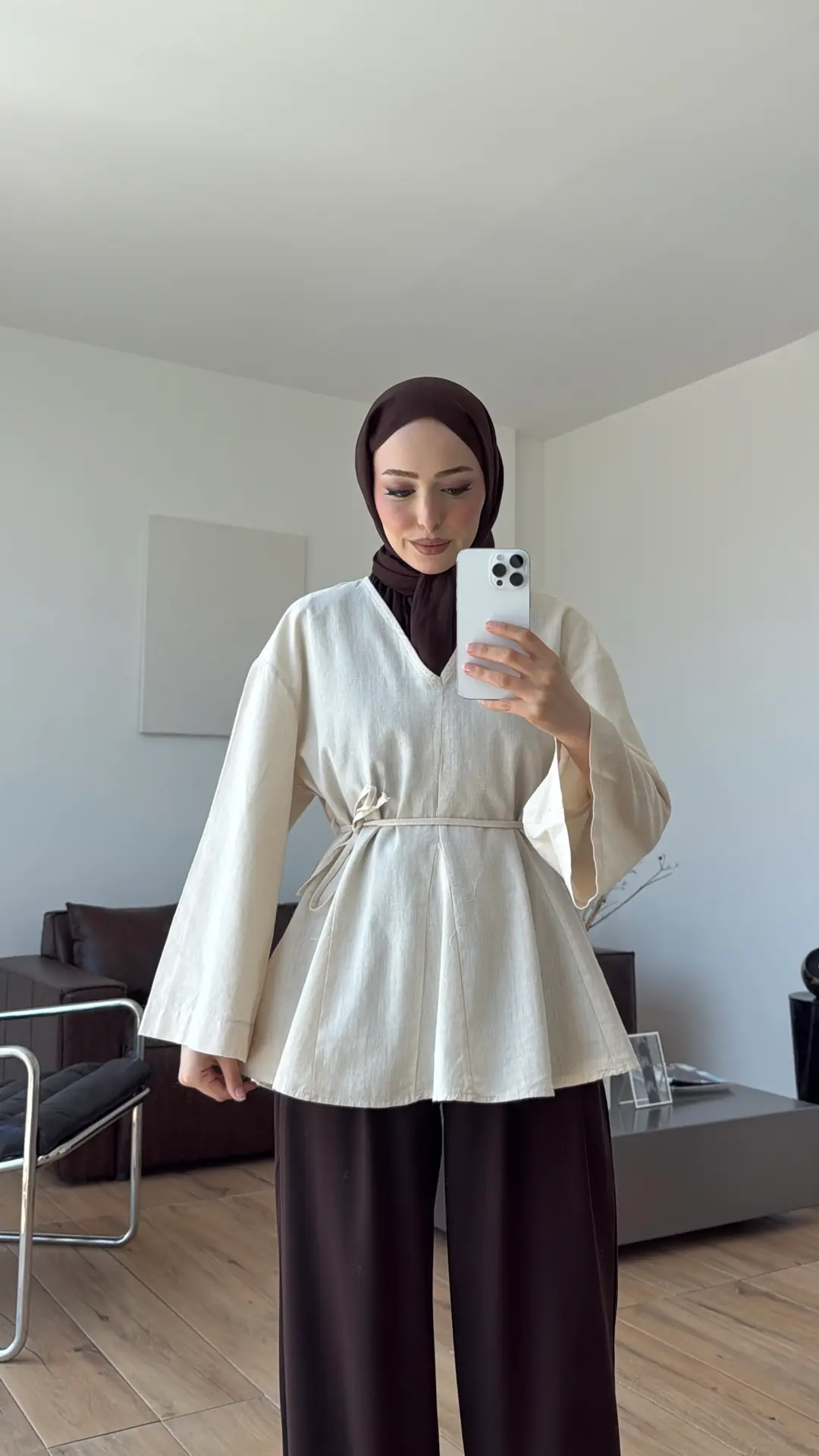 Volanlı Belden İpli Tunik Naturel