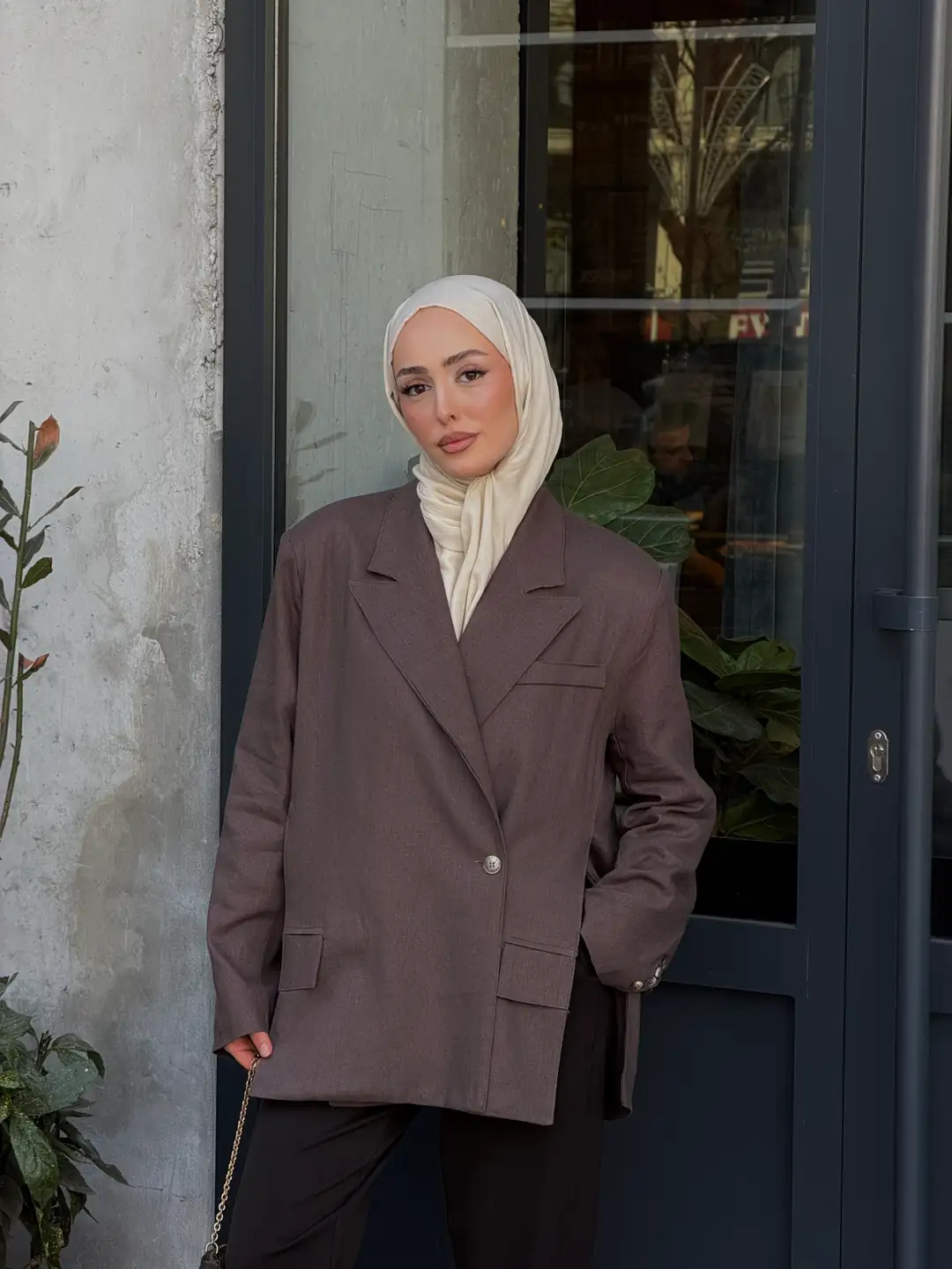 Keten Yırtmaç Detay Blazer Ceket Kahve