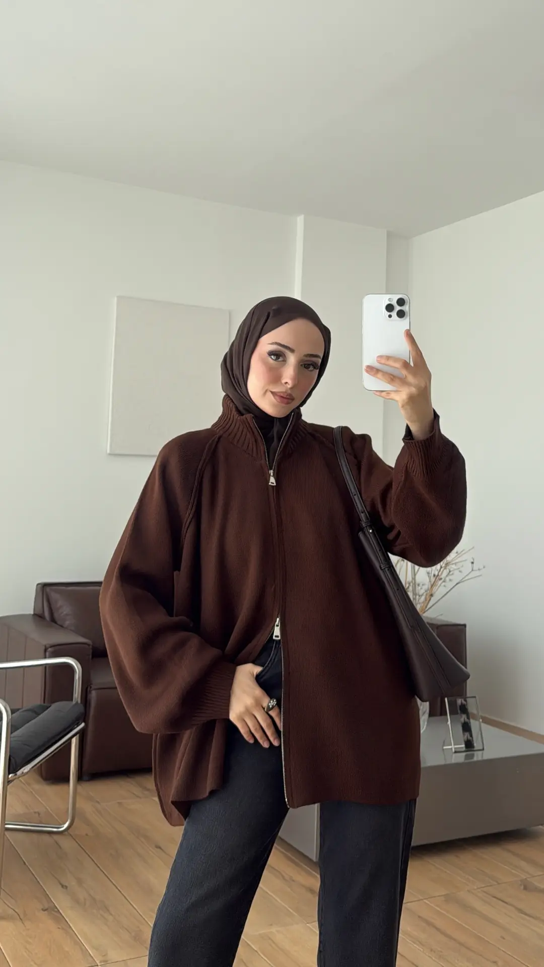 Çift Fermuarlı Triko Hırka Kahve