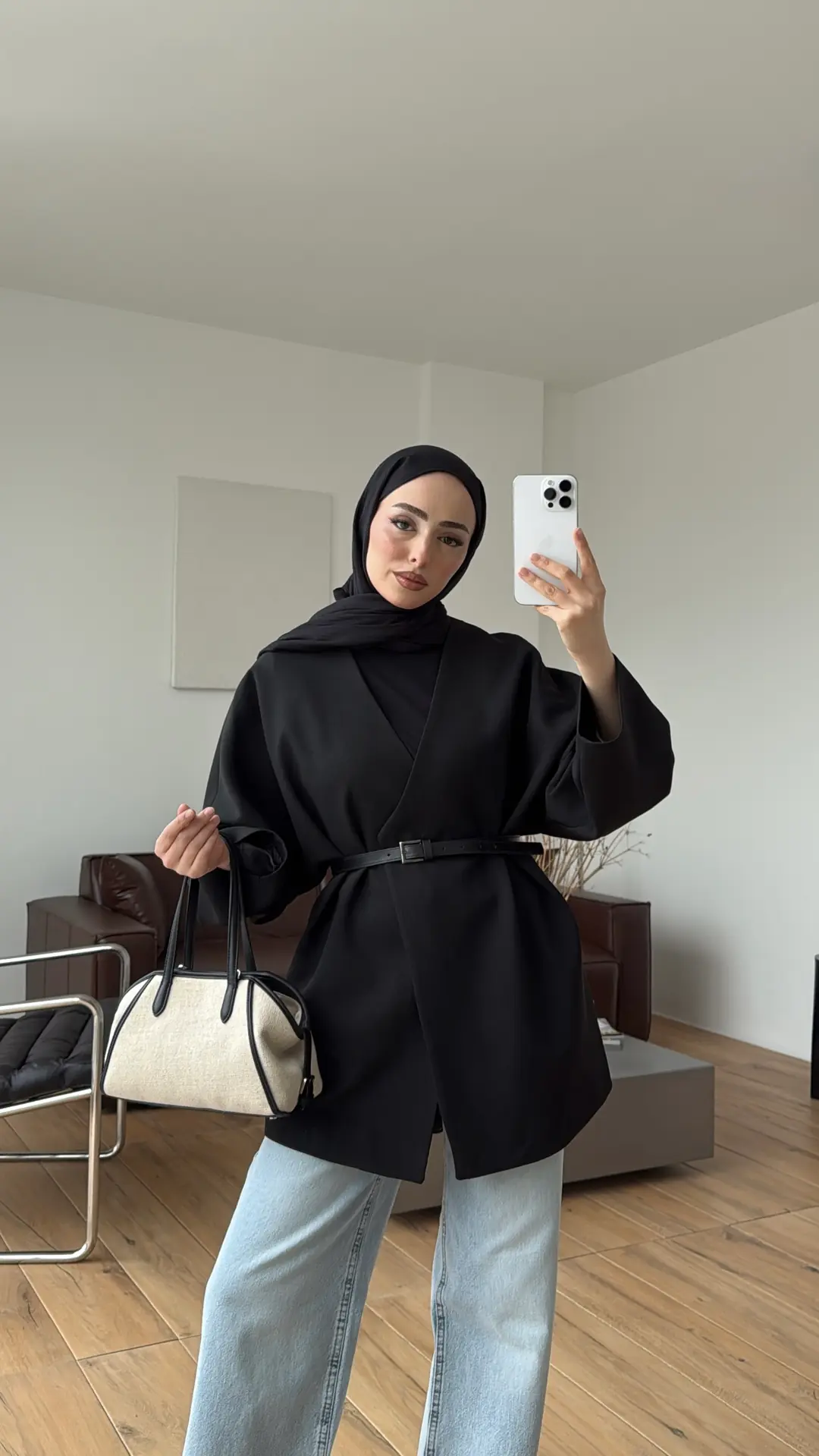 Deri Kemer Detay Oversize Ceket Siyah