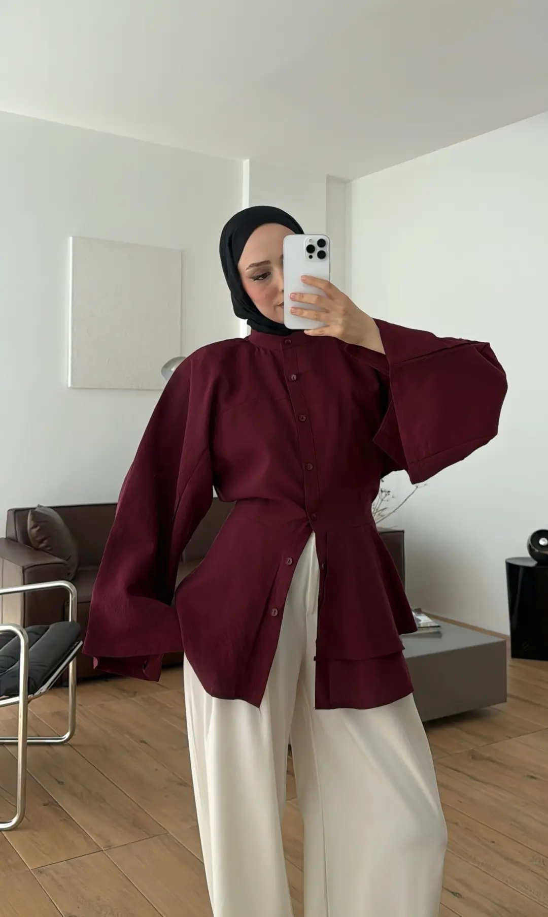 Parçalı Geniş Kol Bluz Bordo