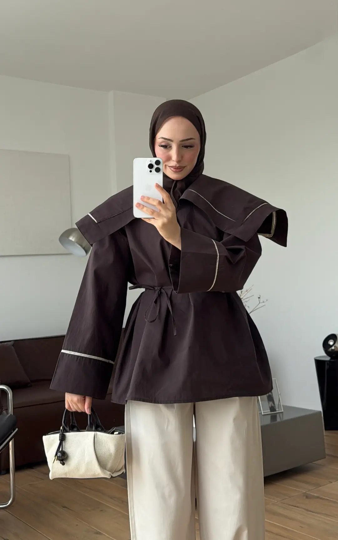 Biye Bağcıklı Dantelli Tunik Kahve