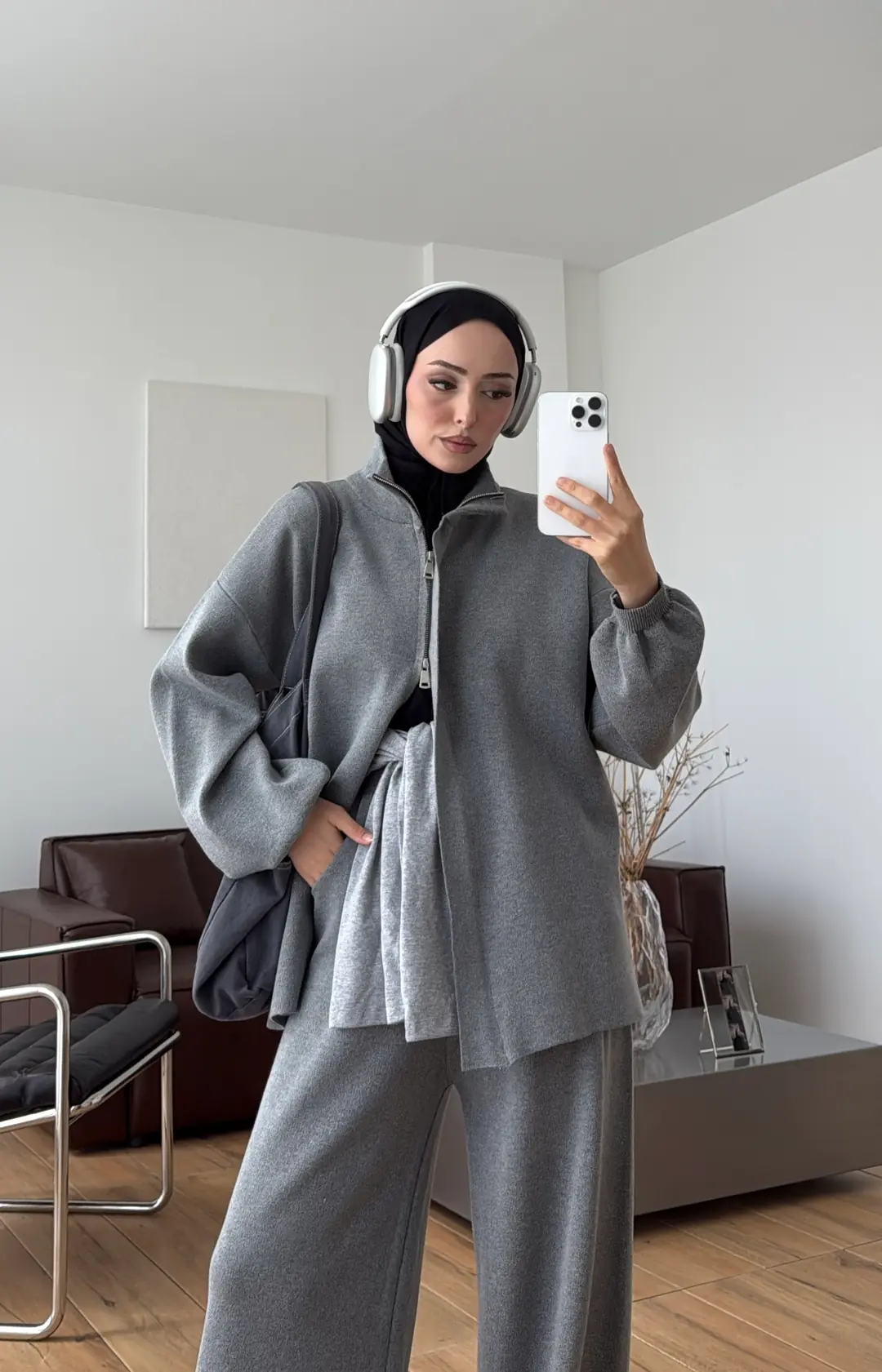 Çift Fermuarlı Tok Kumaş Triko Takım Gri