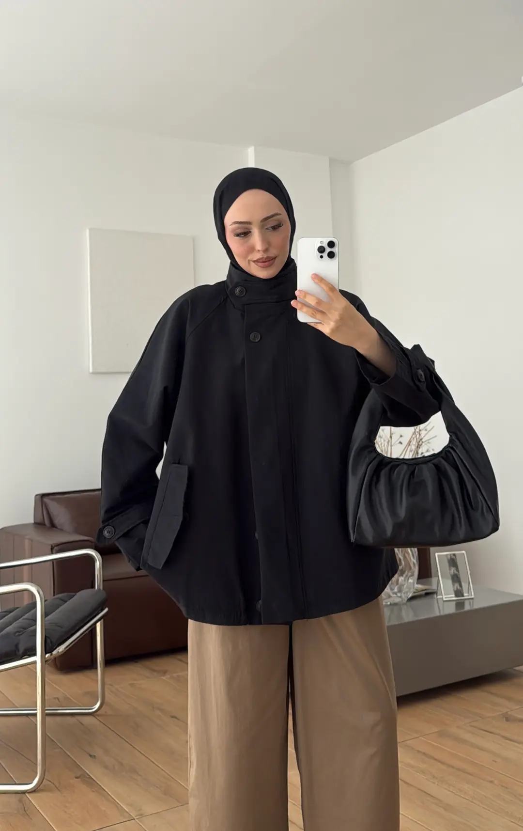 Minimal Yakalı Trençkot Siyah