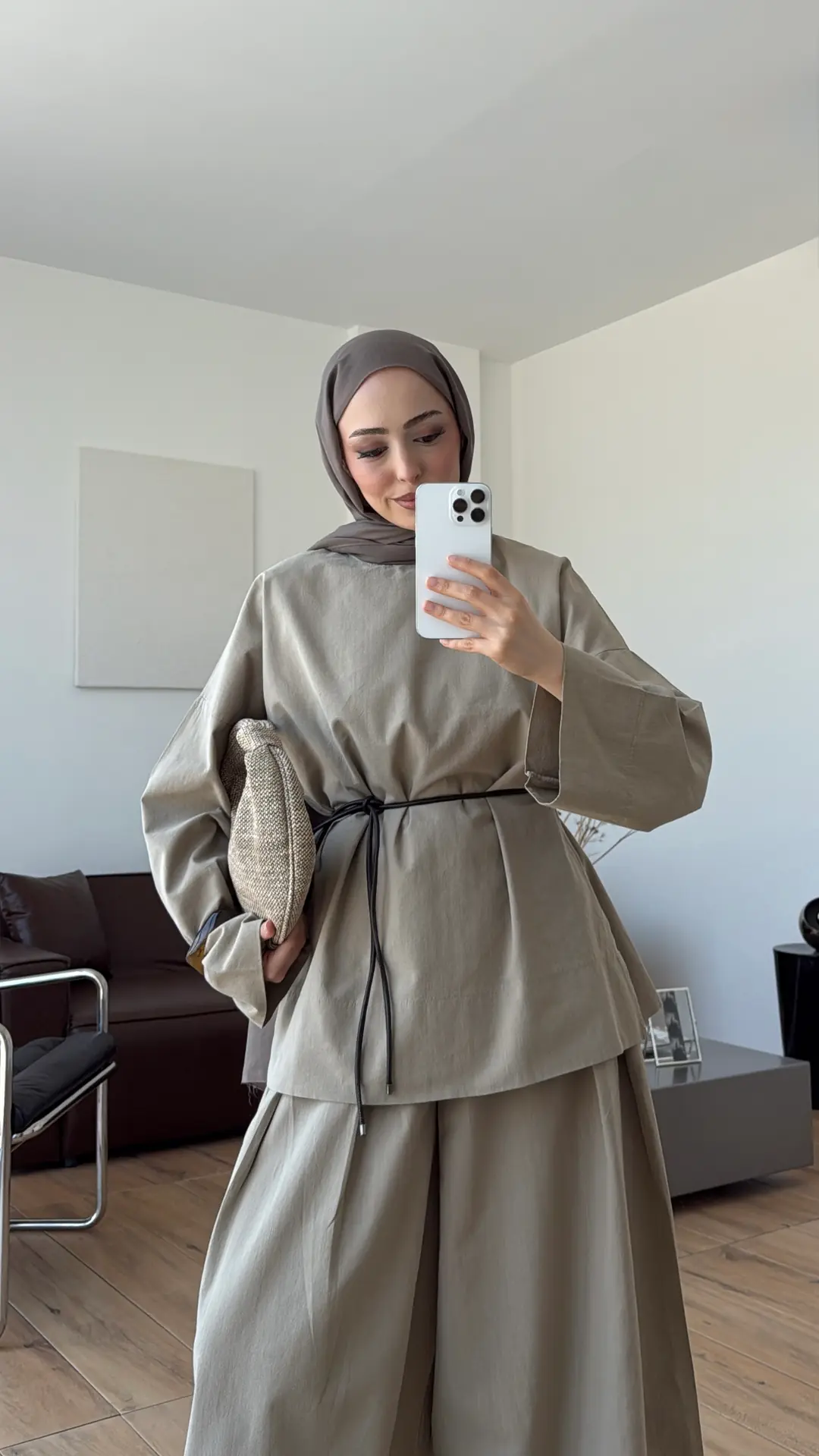 Oversize Keten Bluzlu Takım Vizon