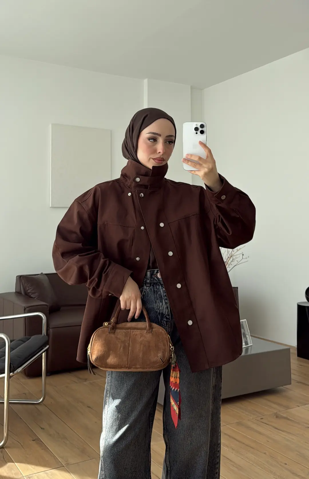 Çırçıtlı Dik Yaka Gabardin Ceket Kahve